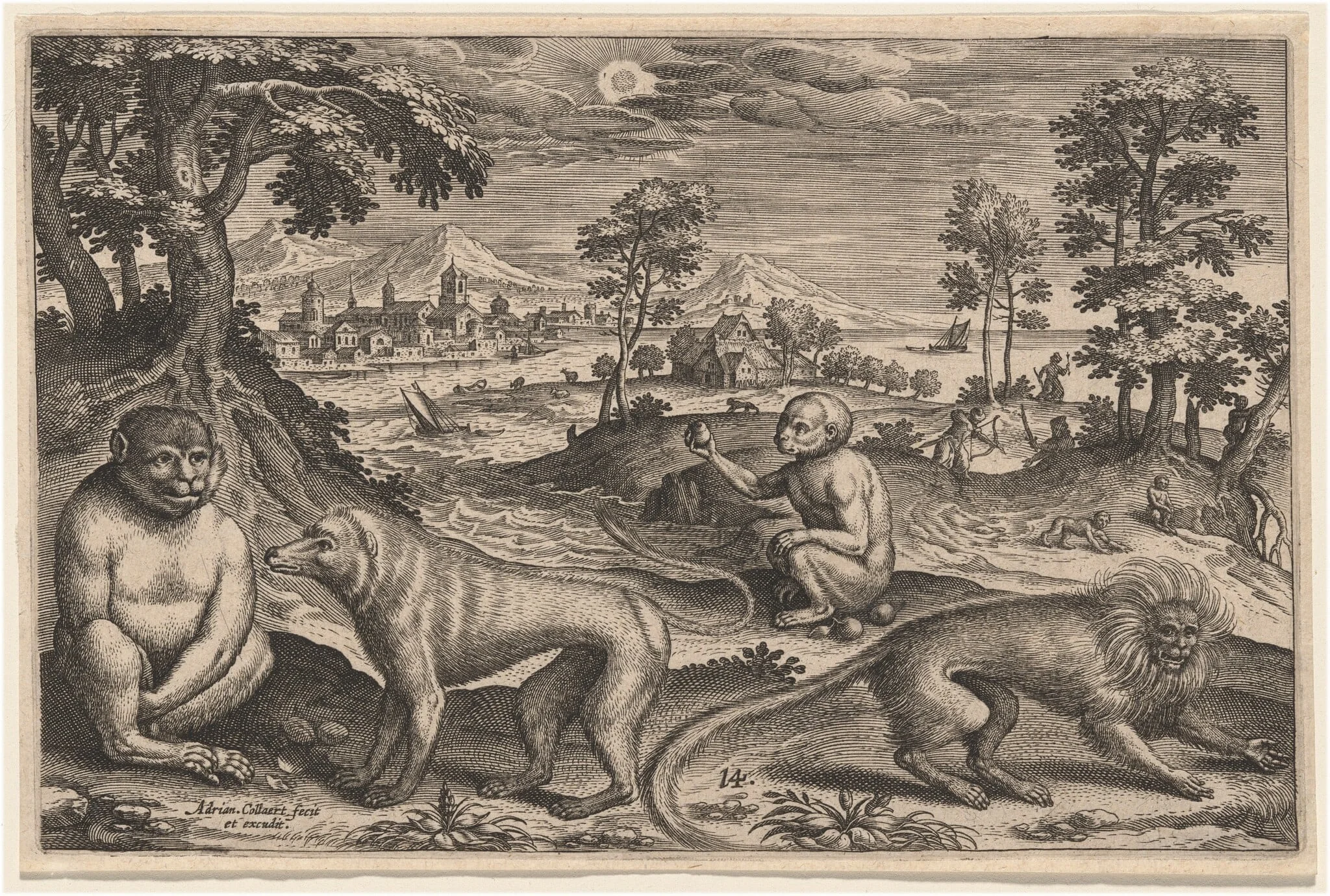 Two Apes and Two Monkeys, by Adriaen Collaert, ink, 1597