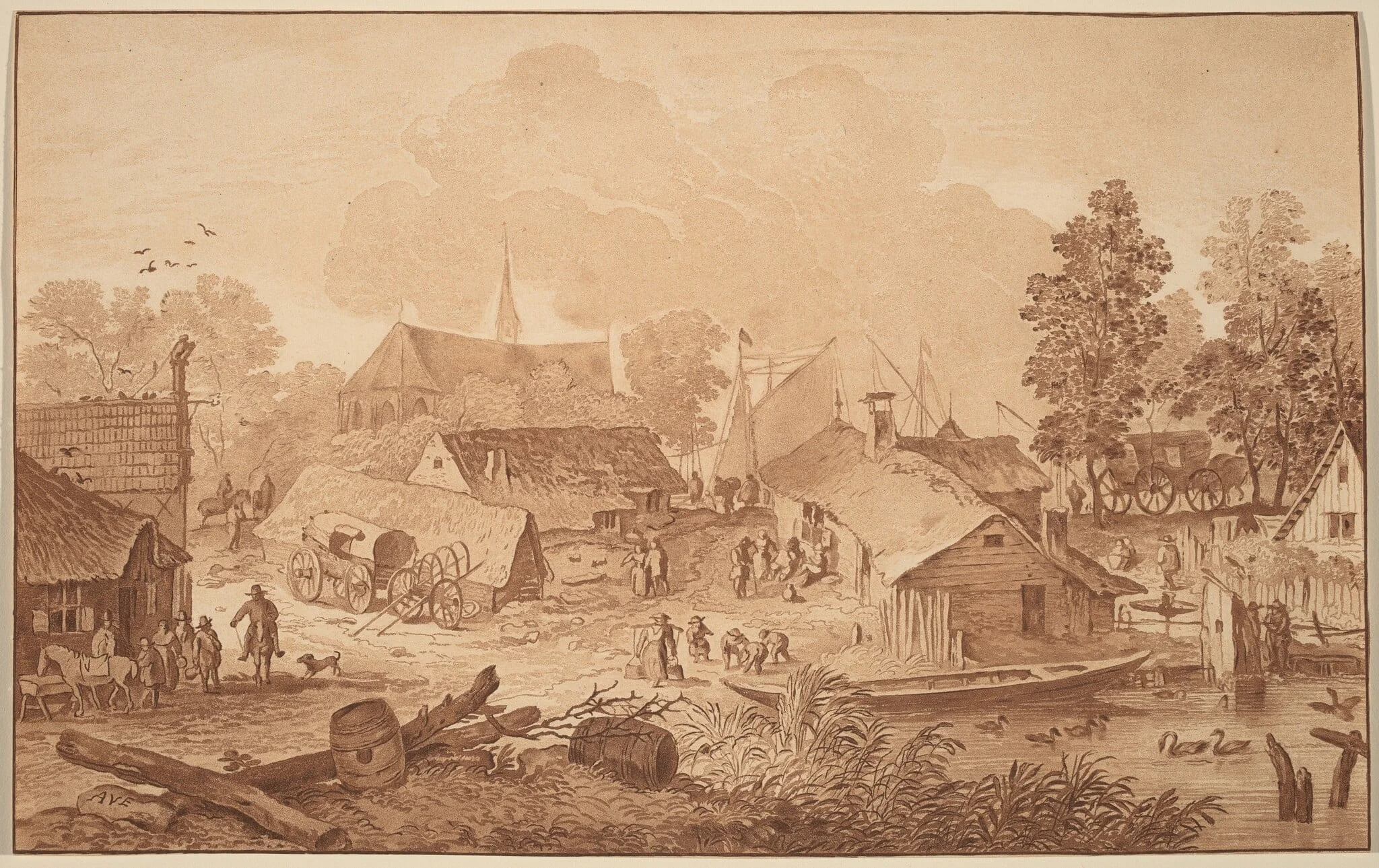 Village with Pond, by Jacobus Buys, chalk, 1782