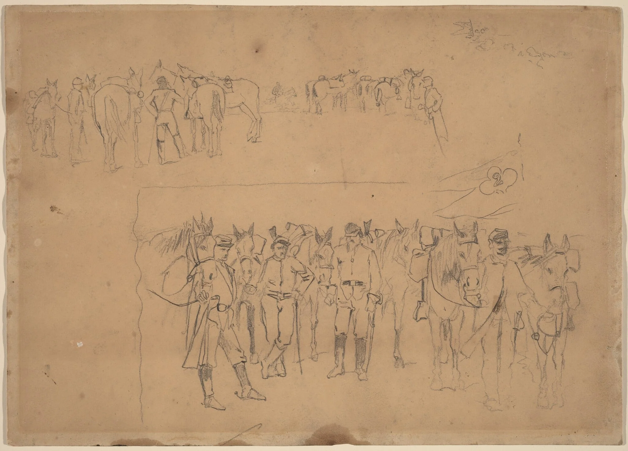Officers and Horses at Rest, by Winslow Homer, graphite, 1864