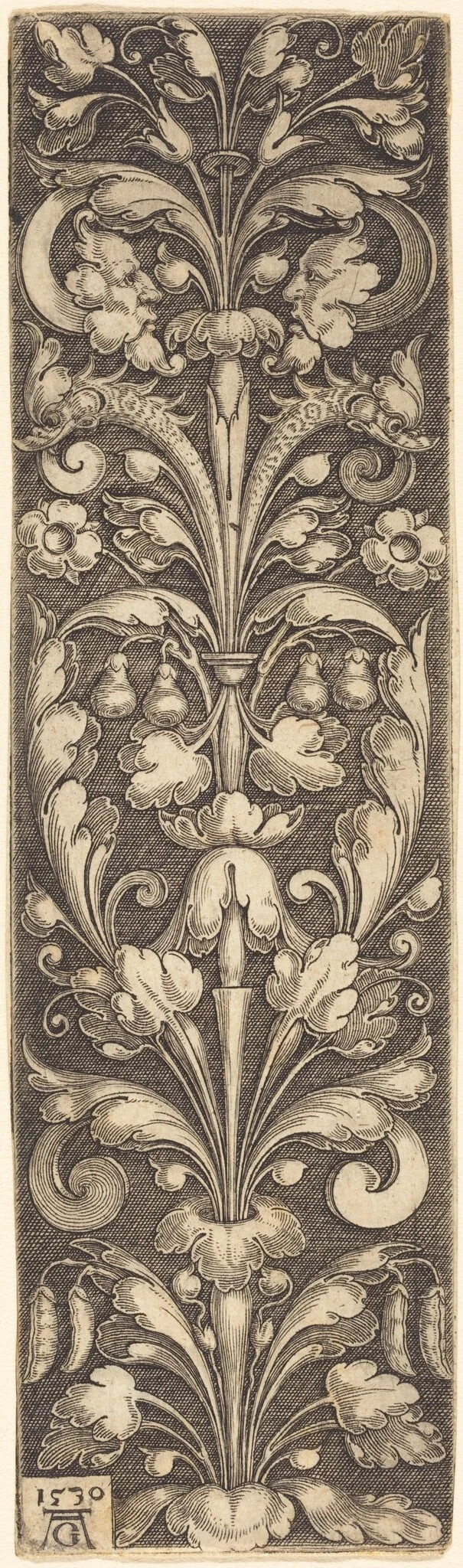 Sprig of Ornamental Foliage with Two Masks and Two Dolphins, by Heinrich Aldegrever, 1530