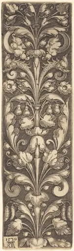 Sprig of Ornamental Foliage with Two Masks and Two Dolphins