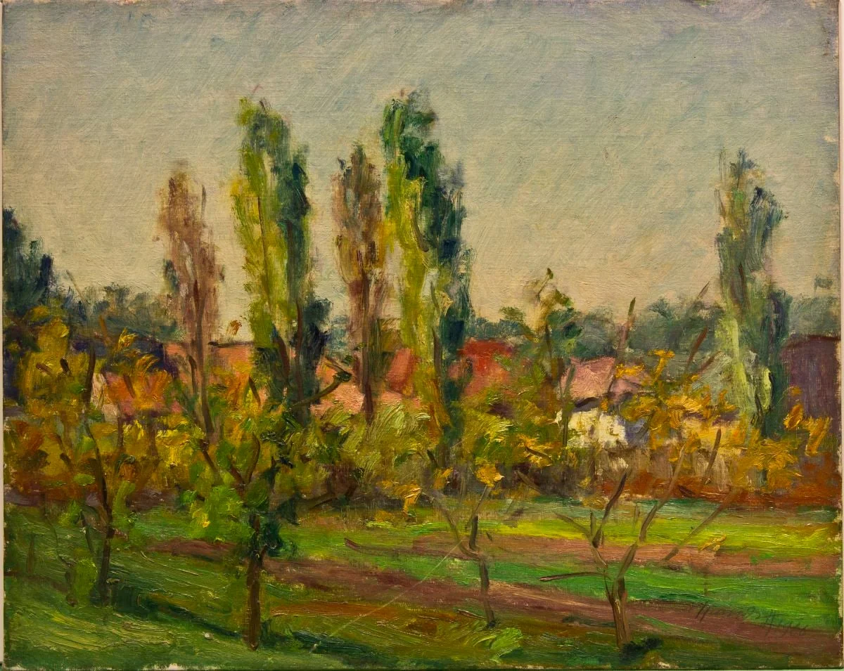 Peisaj cu case și plopi - Tei, by Hrandt Avakian, 1966