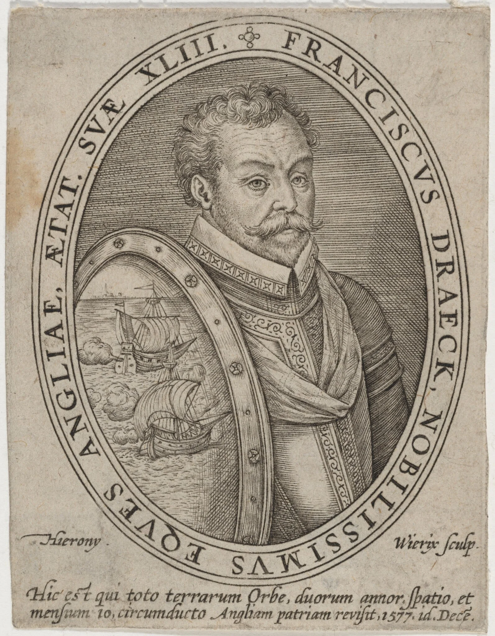 Sir Francis Drake, by Hieronymus Wierix, ink, 1586