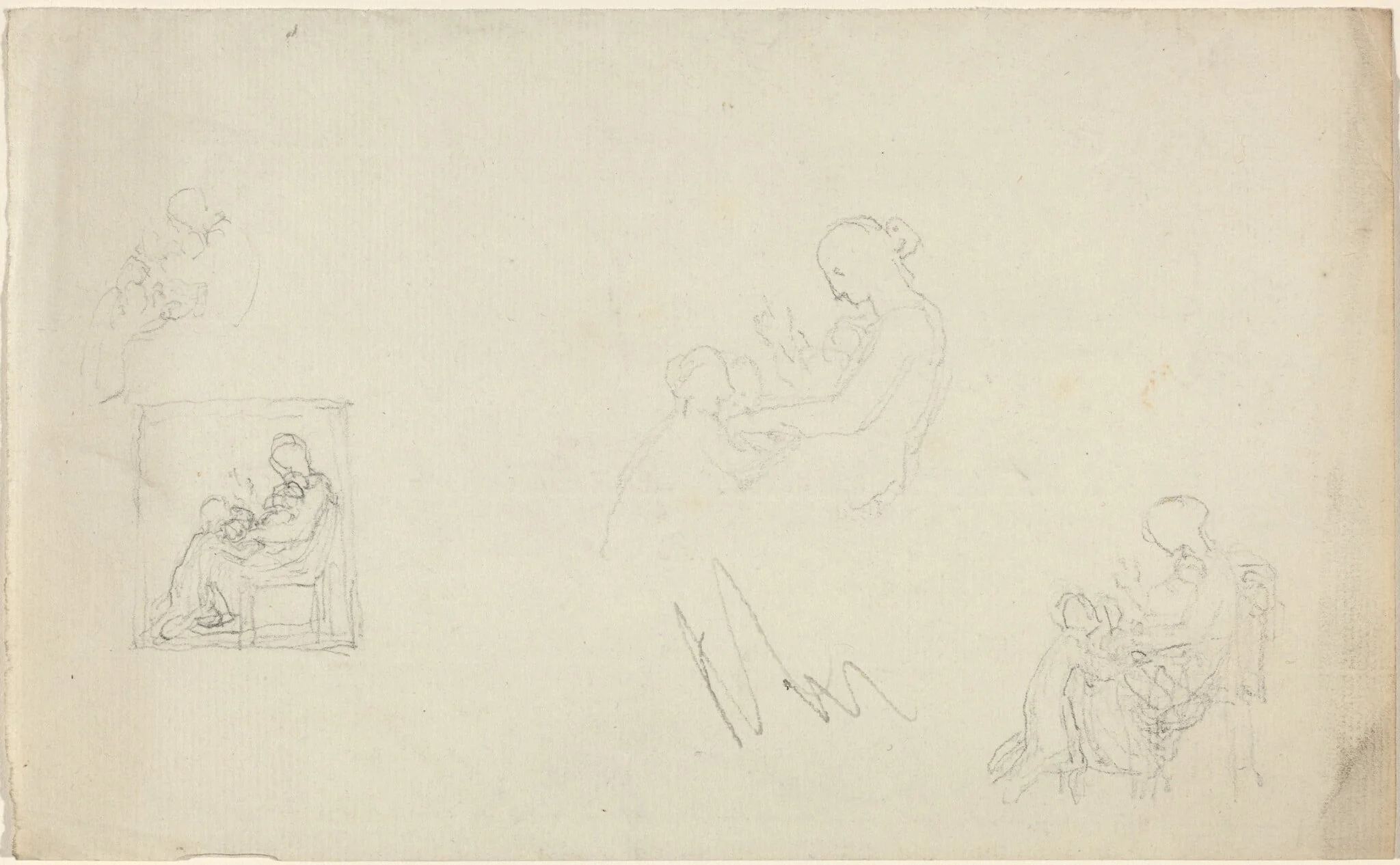 Four Studies of a Seated Woman with Children at Her Feet (Sketches for the Monument to Lady FitzHarris?), by John Flaxman, graphite, 1816