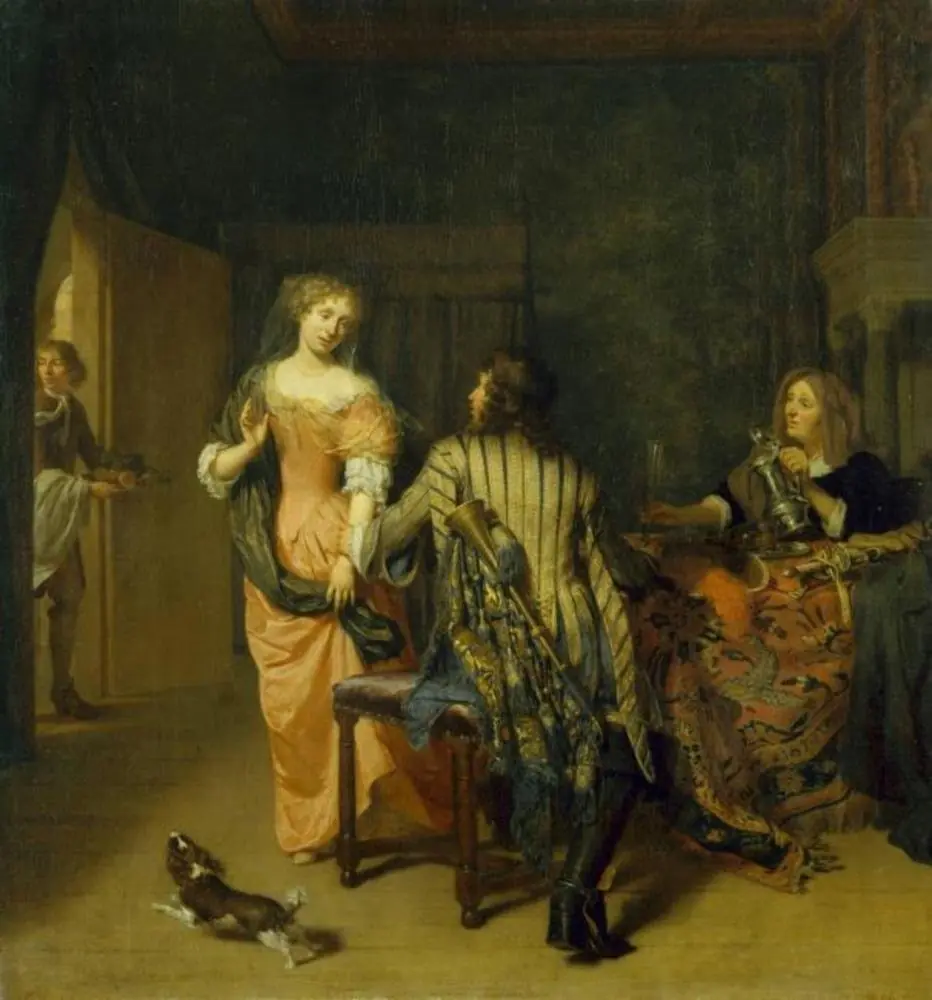 Elegant interior in which a soldier with a trumpet grabs a young woman by the arm