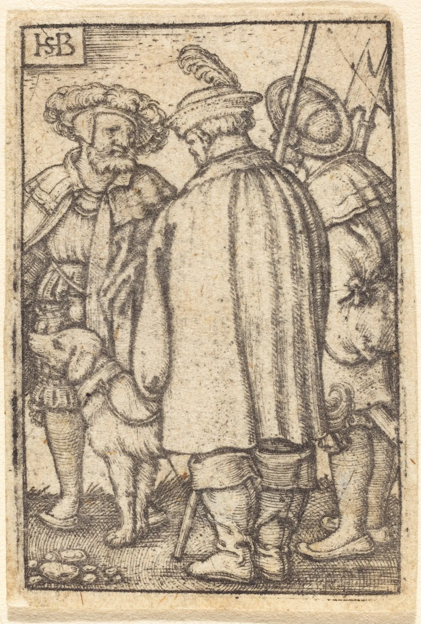 Three Soldiers and a Dog, by Sebald Beham, ink, 1544
