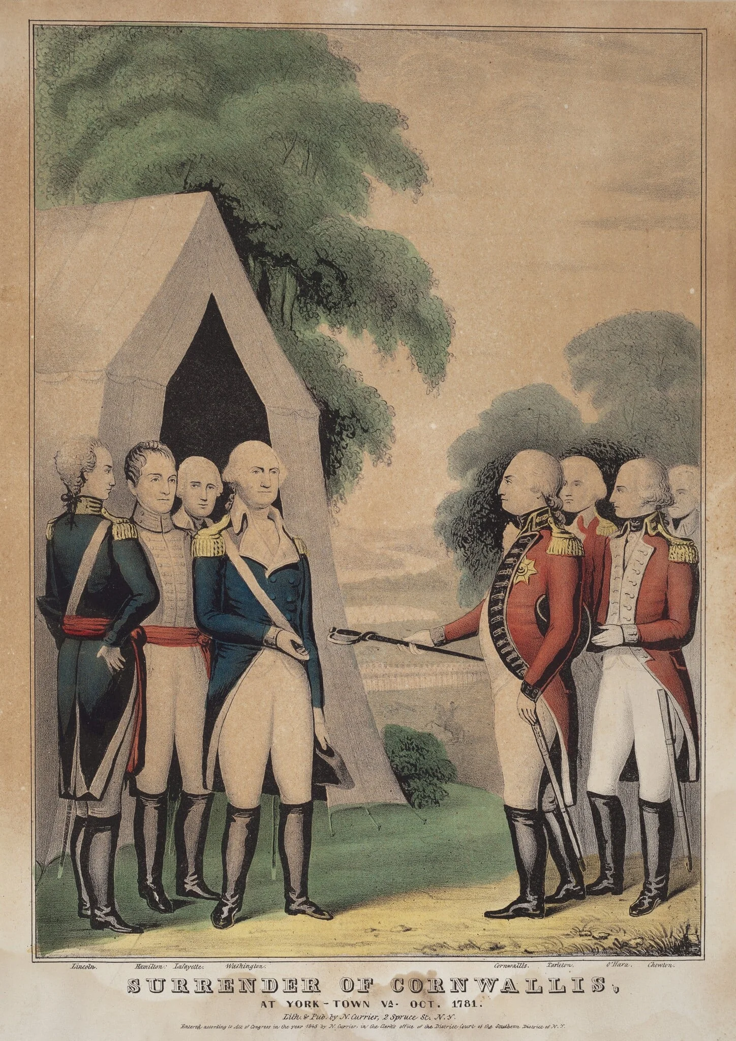 Surrender of Cornwallis: At York-Town Va. Oct. 1781, by Nathaniel Currier, ink, 1845