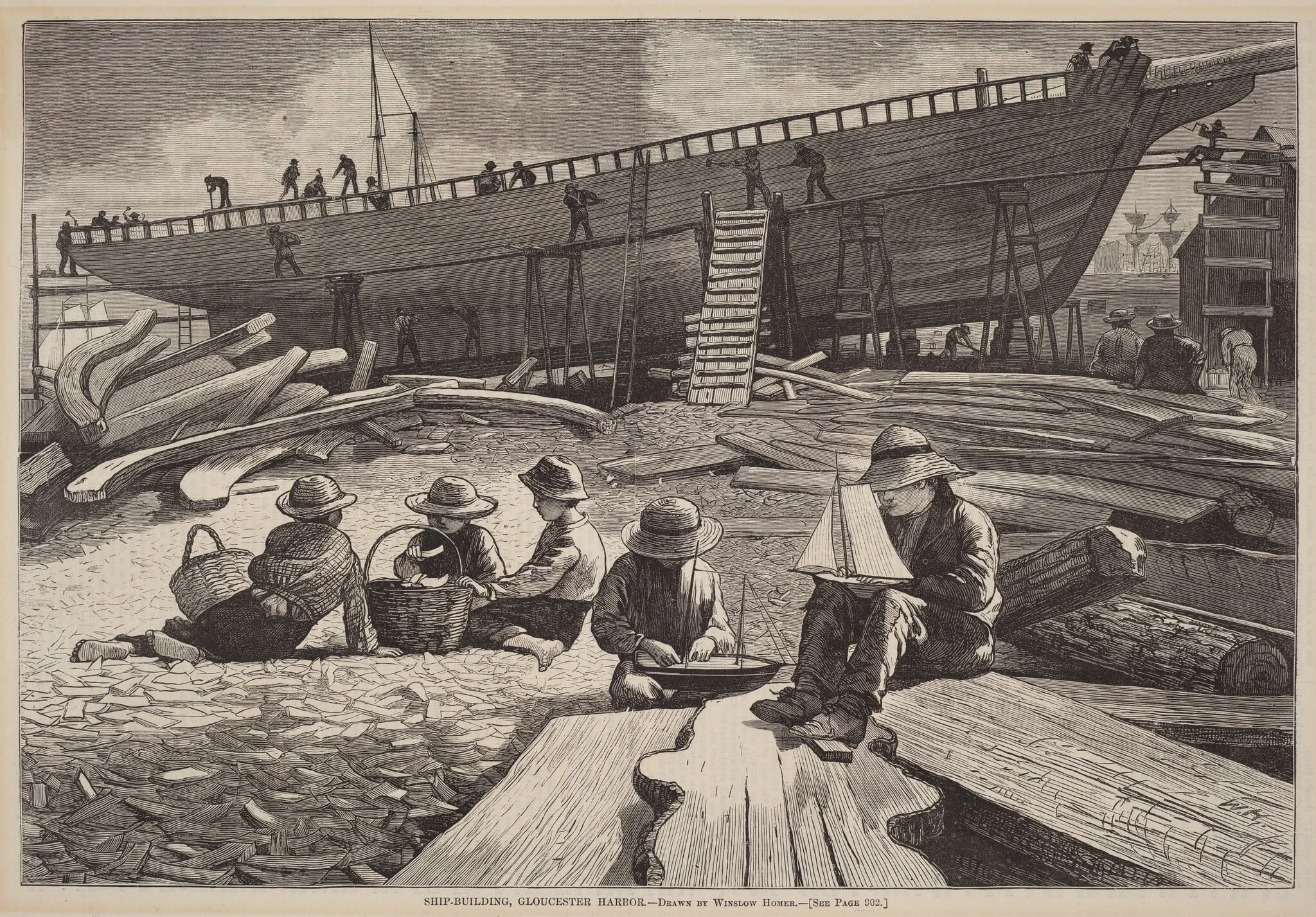 Ship-Building, Gloucester Harbor, by American 19th Century, ink, 1873