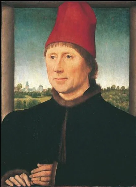 Portrait of a Man in a Red Hat, by Hans Memling, oil, 1465