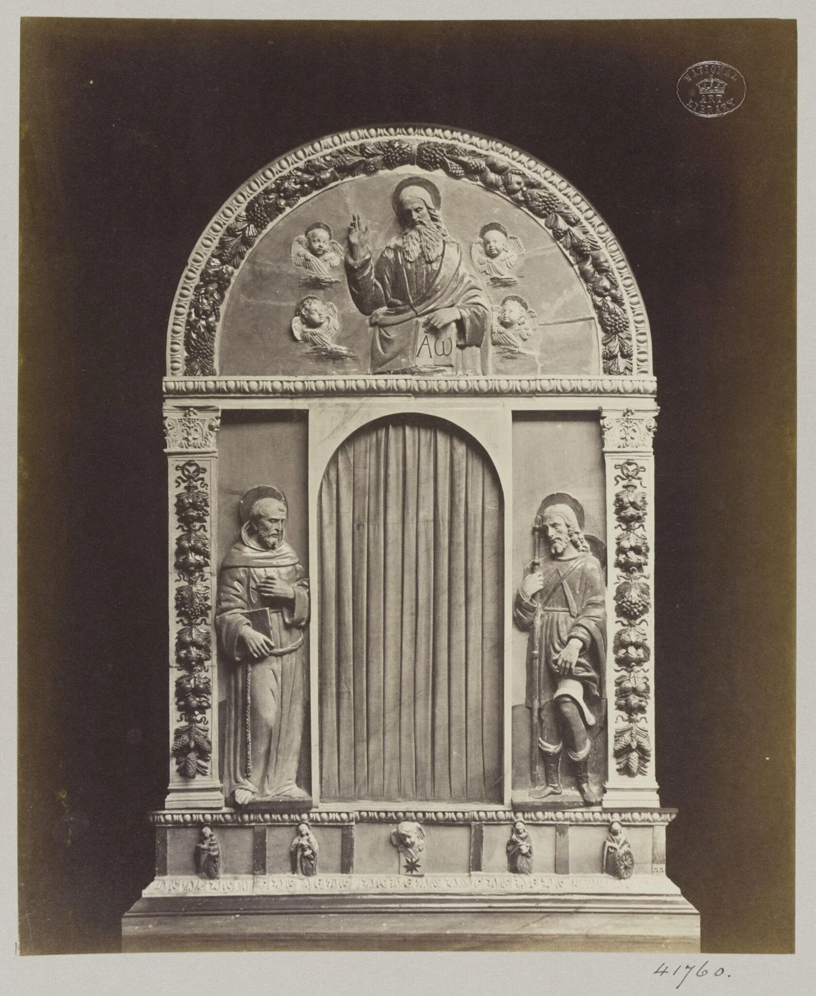 Enamelled earthenware altar piece of Christ and Saint Francis and St. Rock