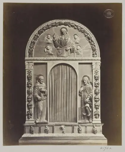 Enamelled earthenware altar piece of Christ and Saint Francis and St. Rock