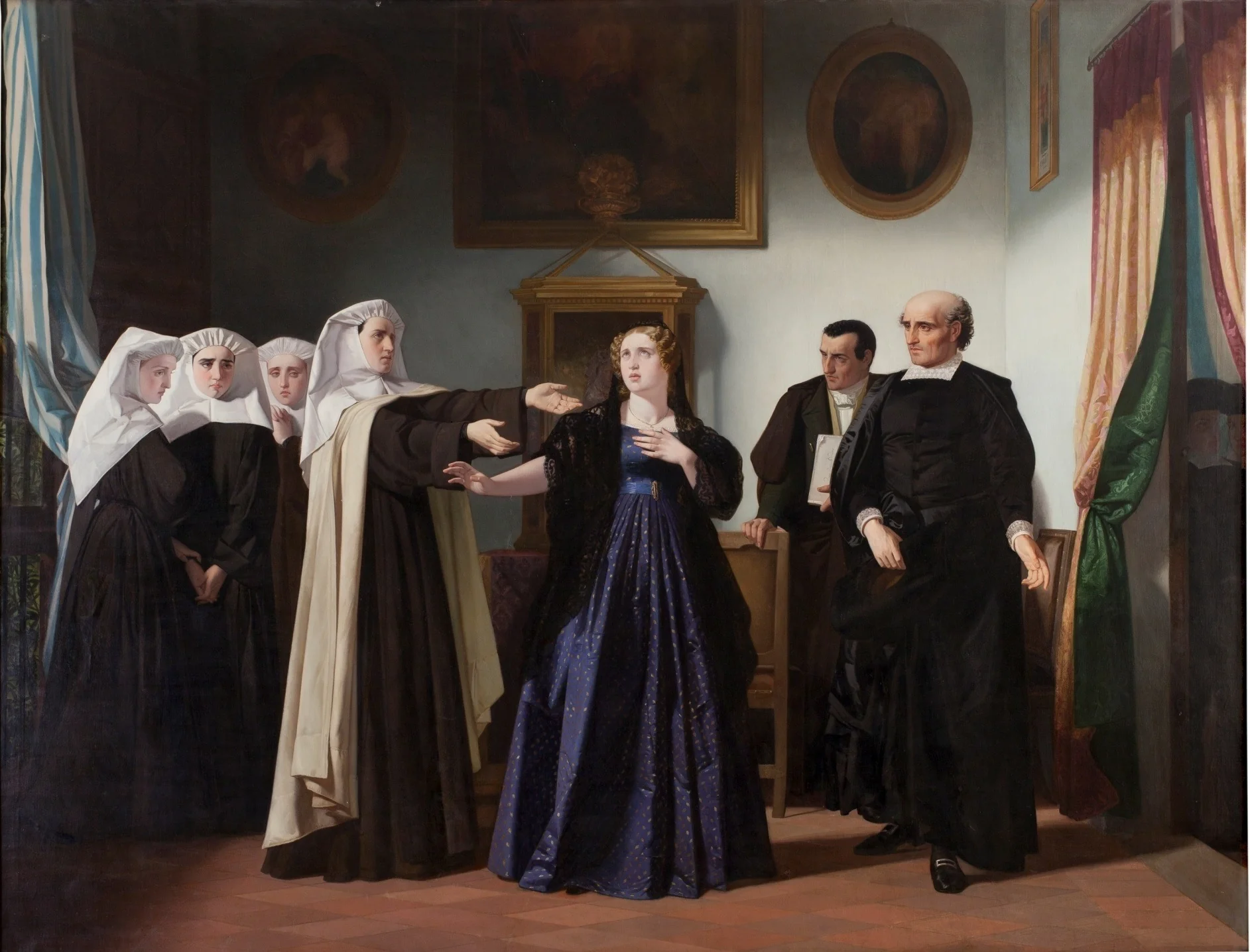Doña Mariana de Pineda en el momento de despedirse de las beatas de Santa María Egipciaca en cuyo beaterio estaba presa para ir a la capilla, by Isidoro Lozano, oil, 1862