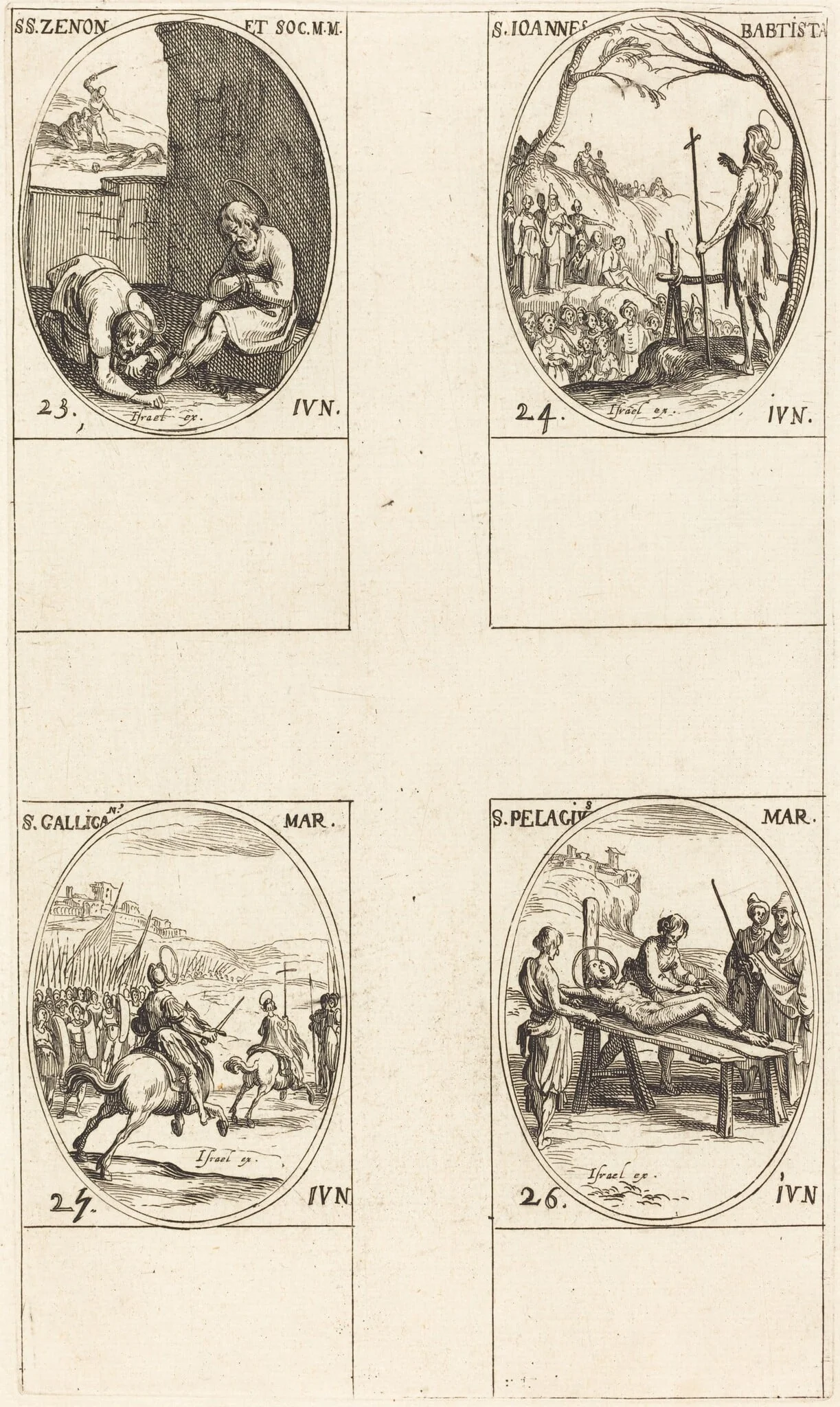 St. Zenon and Companions; St. John the Baptist; St. Gallicanus; St. Pelagius, by Jacques Callot, ink, 1634