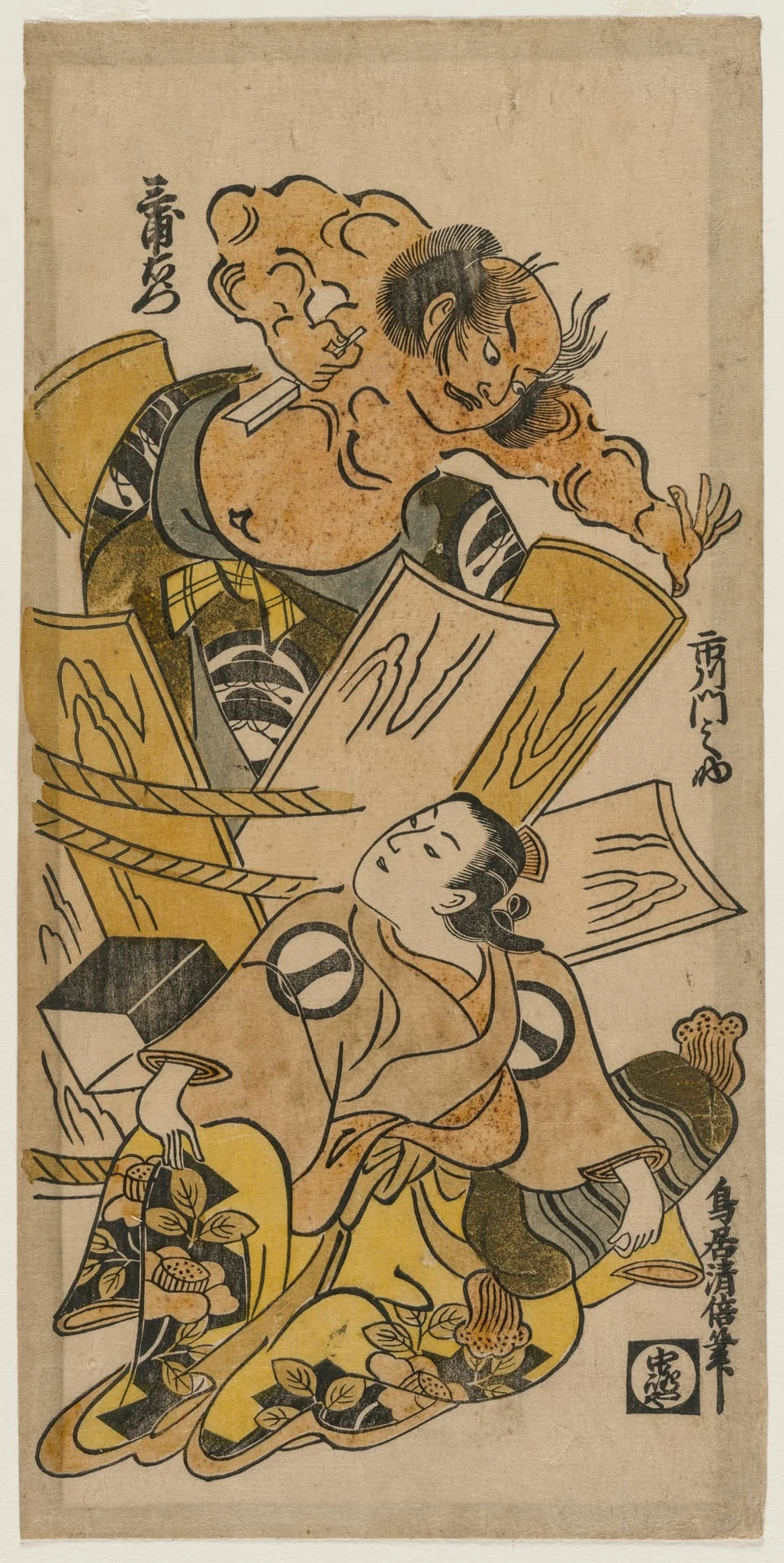 Ichikawa Monnosuke as a Courtesan and Nakajima Mioemon Bursting Out of a Barrel, by Torii Kiyomasu I, 1724