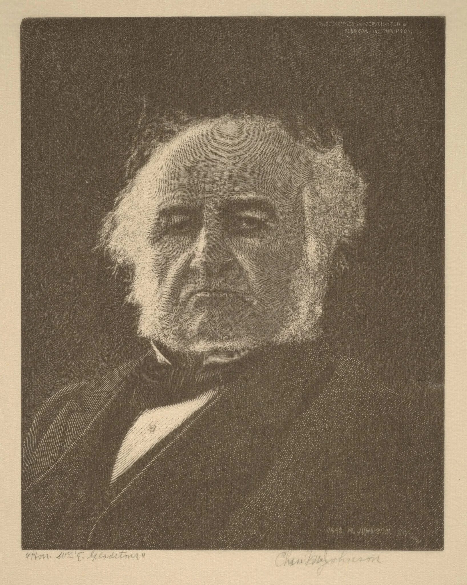 William Gladstone, by Charles M. Johnson, ink, 1896