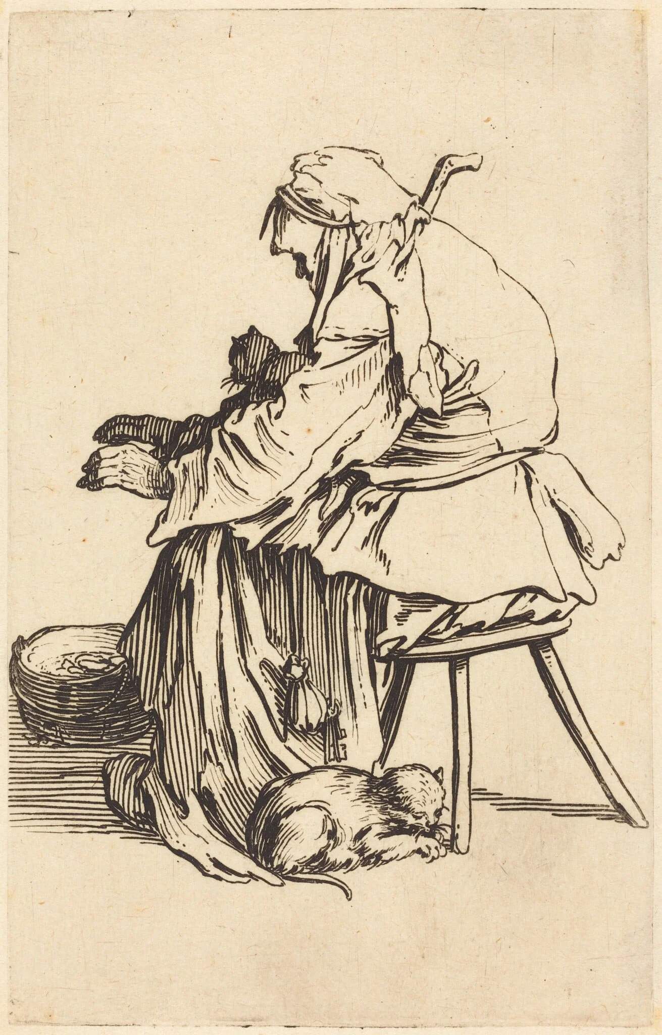 Old Woman with Cats, by Jacques Callot, ink, 1622