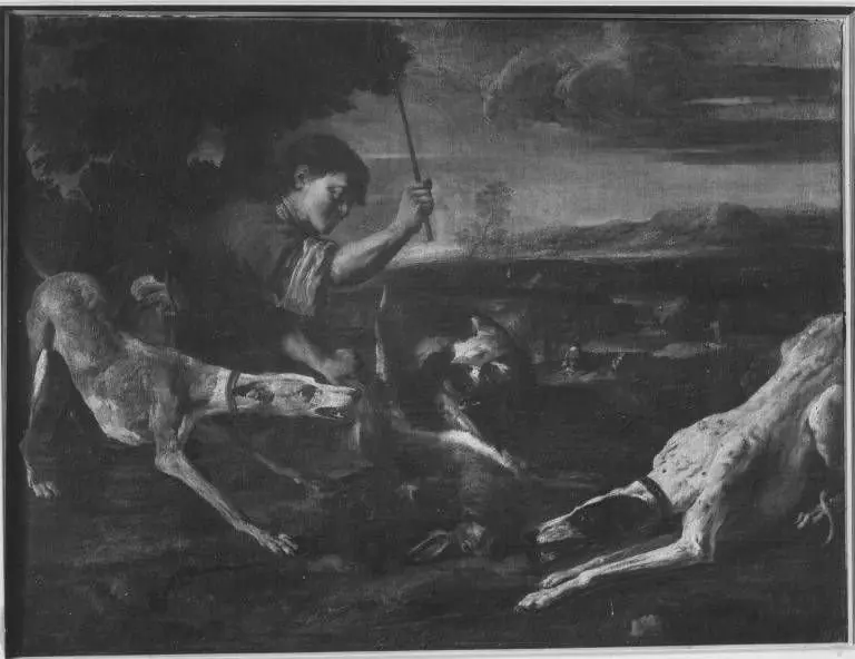 Landscape with a hunter and three dogs that kill a rabbit