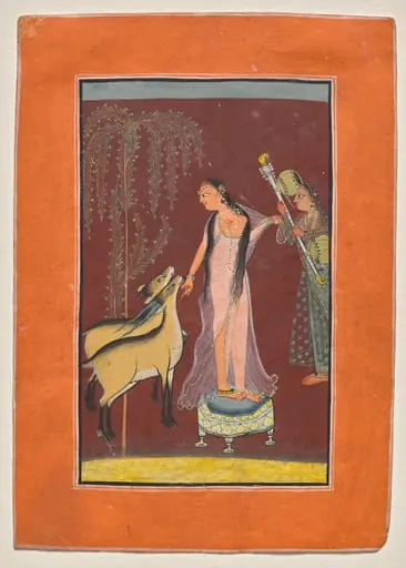 Heroine with attendant and a pair of deer