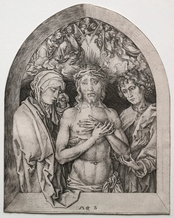 Christ as the Man of Sorrows between the Virgin and St. John, by Martin Schongauer, 1472