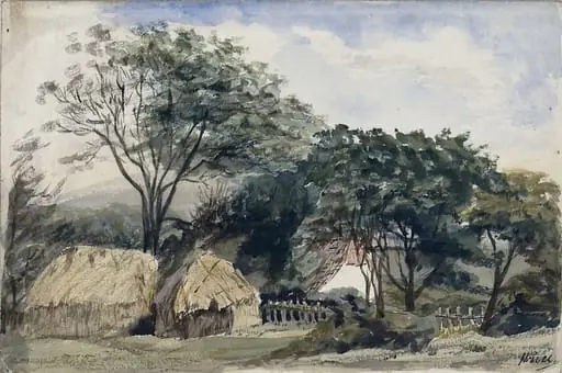 Hayrick and cottage under trees