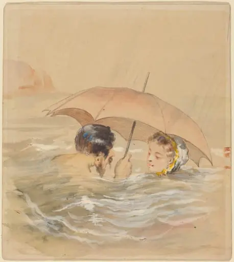 Male and Female Bathers with Umbrella