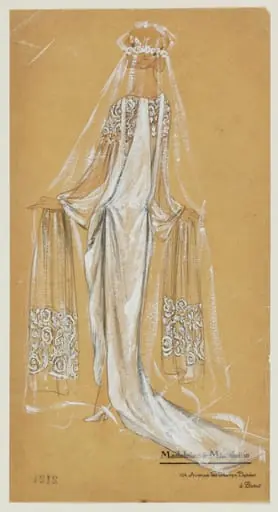 Figure vue de dos en robe de mariée et voile brodés, Madeleine & Madeleine, vers 1924