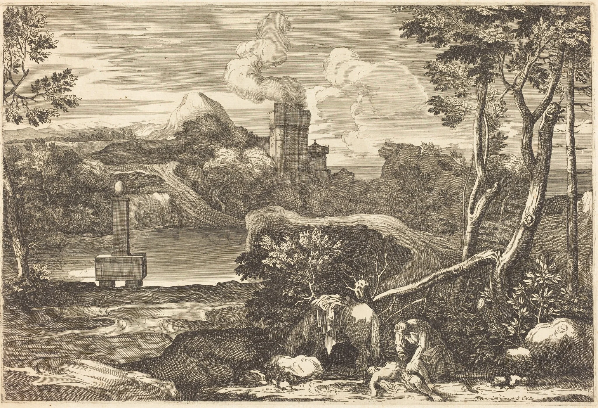 The Samaritan Pours Oil and Wine in the Wounds of a Man Left for Dead, by Sébastien Bourdon, ink, 1644