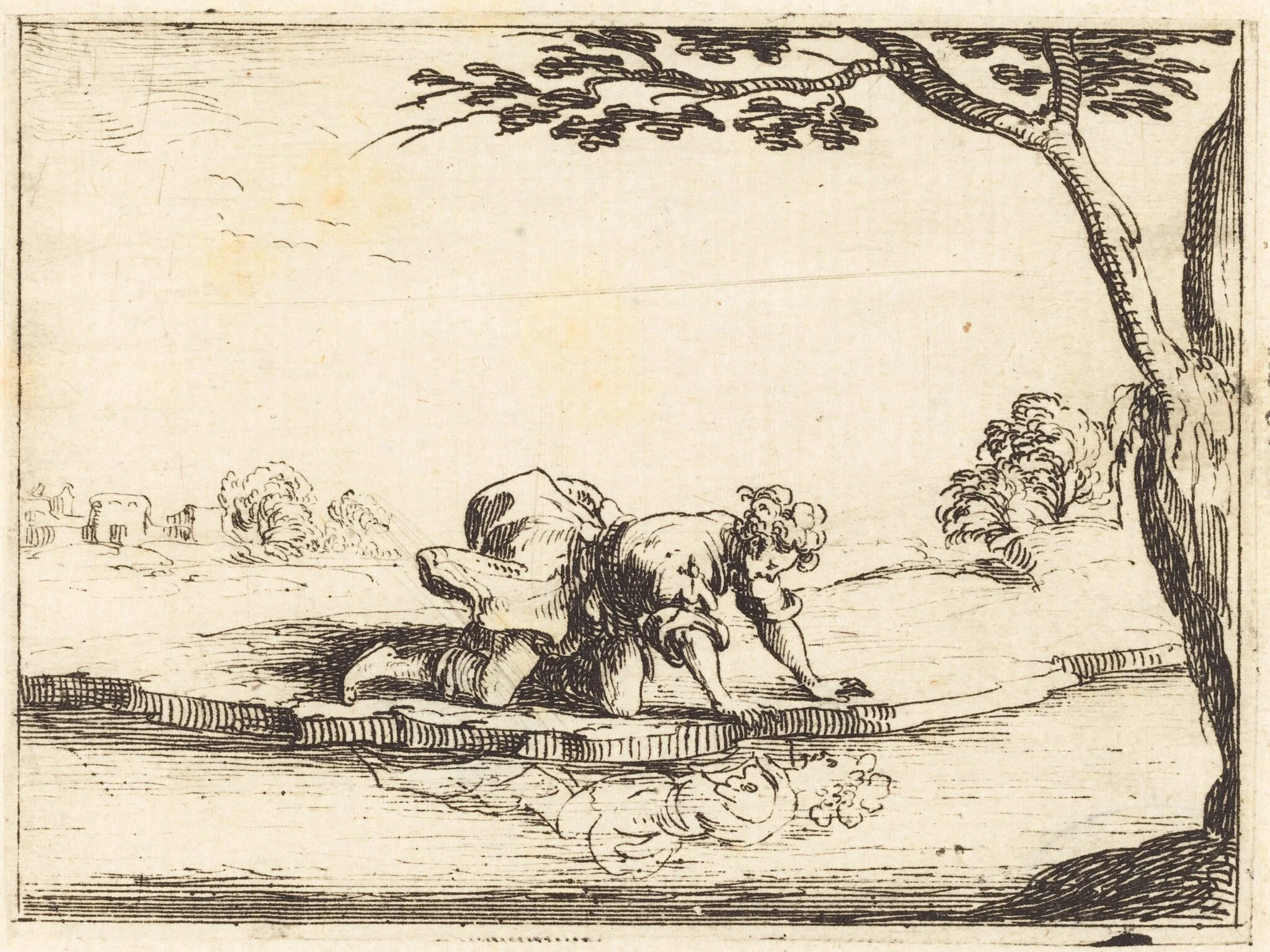 Narcissus Looking in the Water, by Jacques Callot, ink, 1628