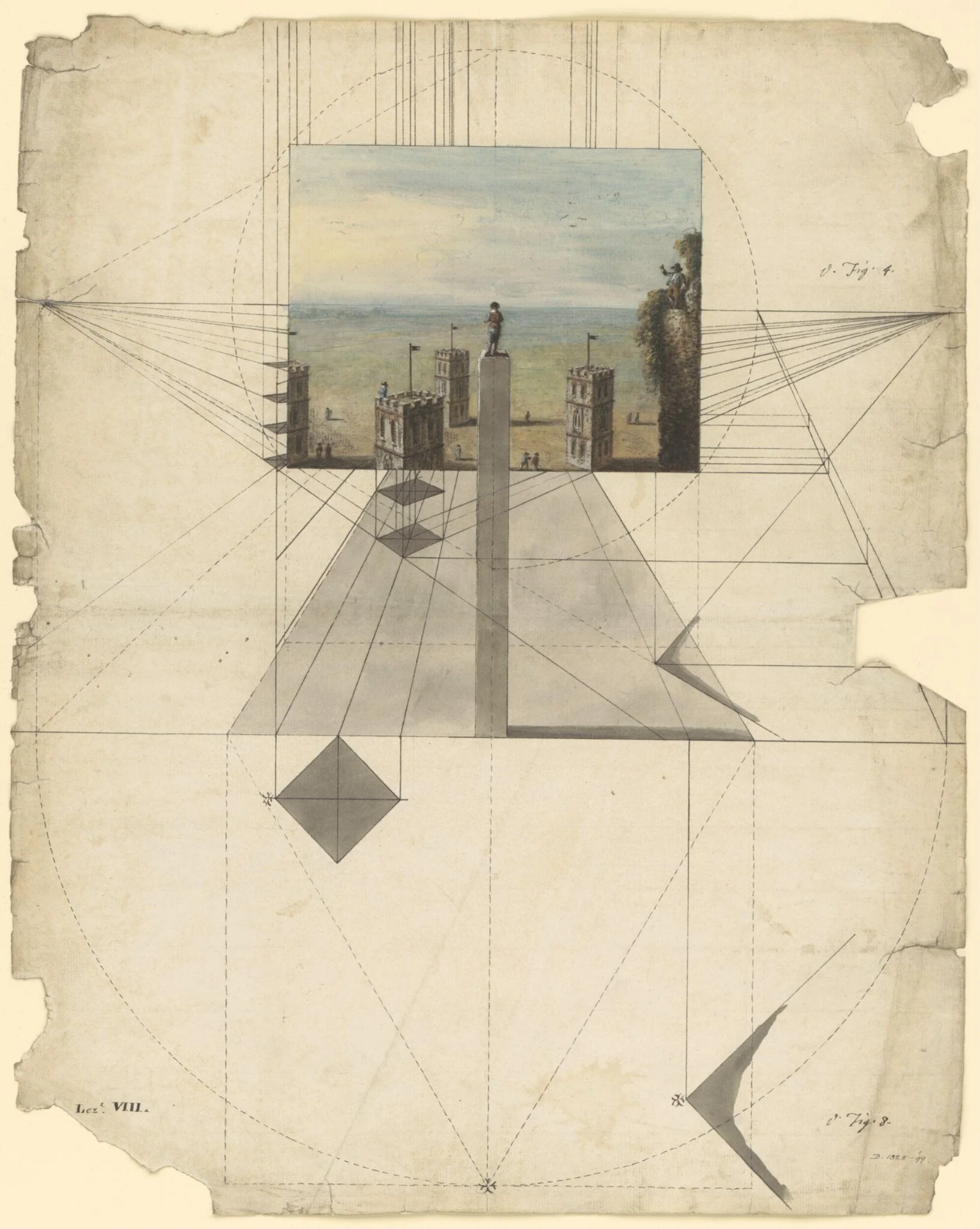 A lesson in perspective showing a method of drawing towers from a point above them