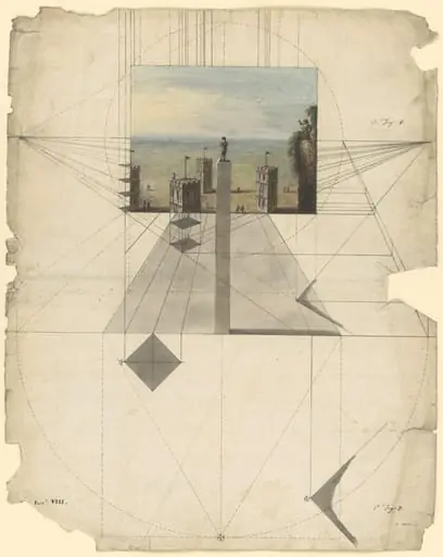 A lesson in perspective showing a method of drawing towers from a point above them
