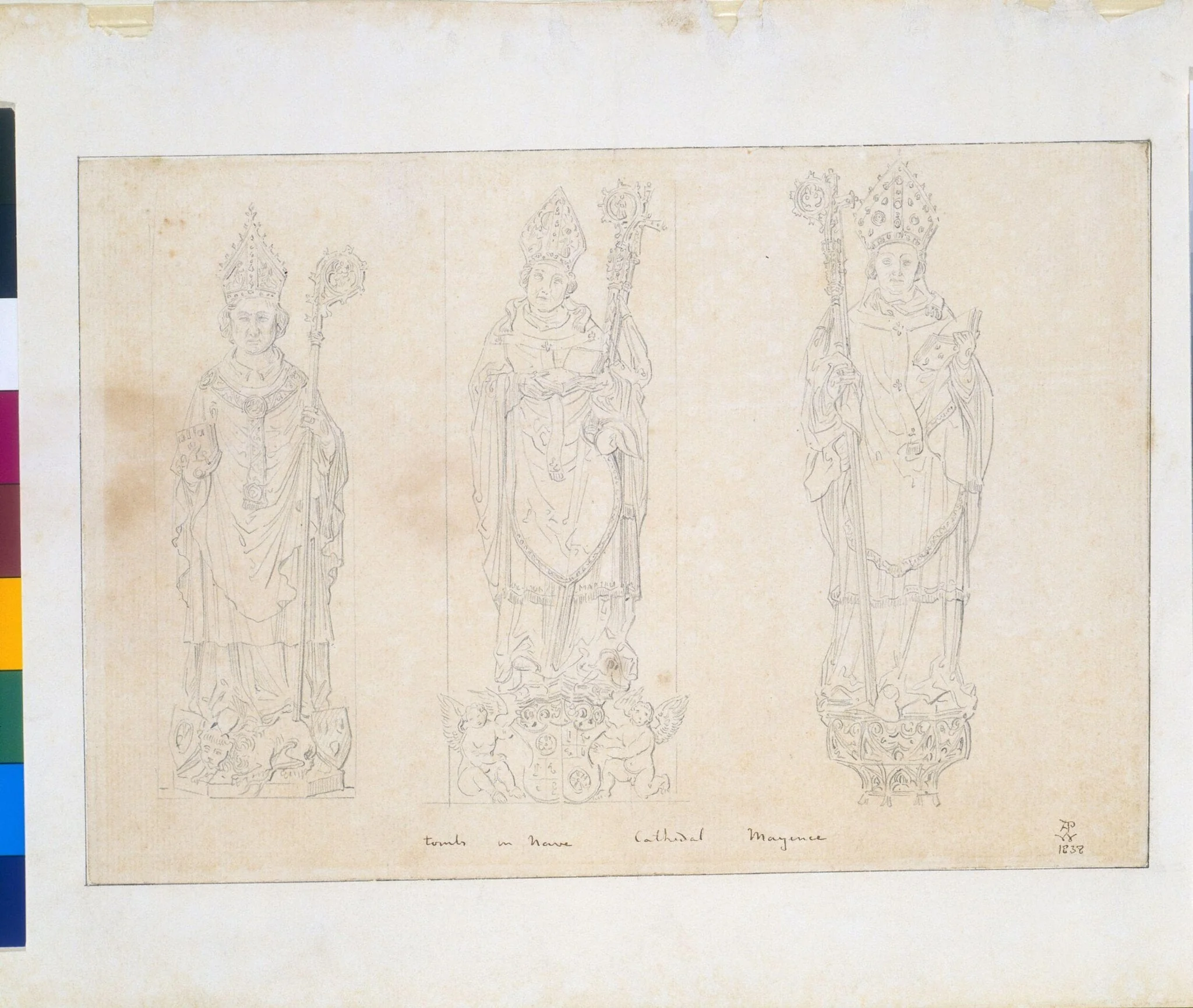 Drawing of tombs of three bishops, by A.W.N. Pugin, 1838