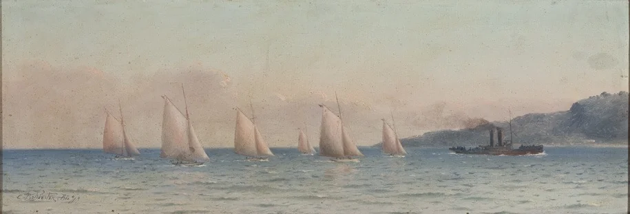 Seascape with Sailing Competition and a Towboat, by Carlos Balliester, oil, 1919
