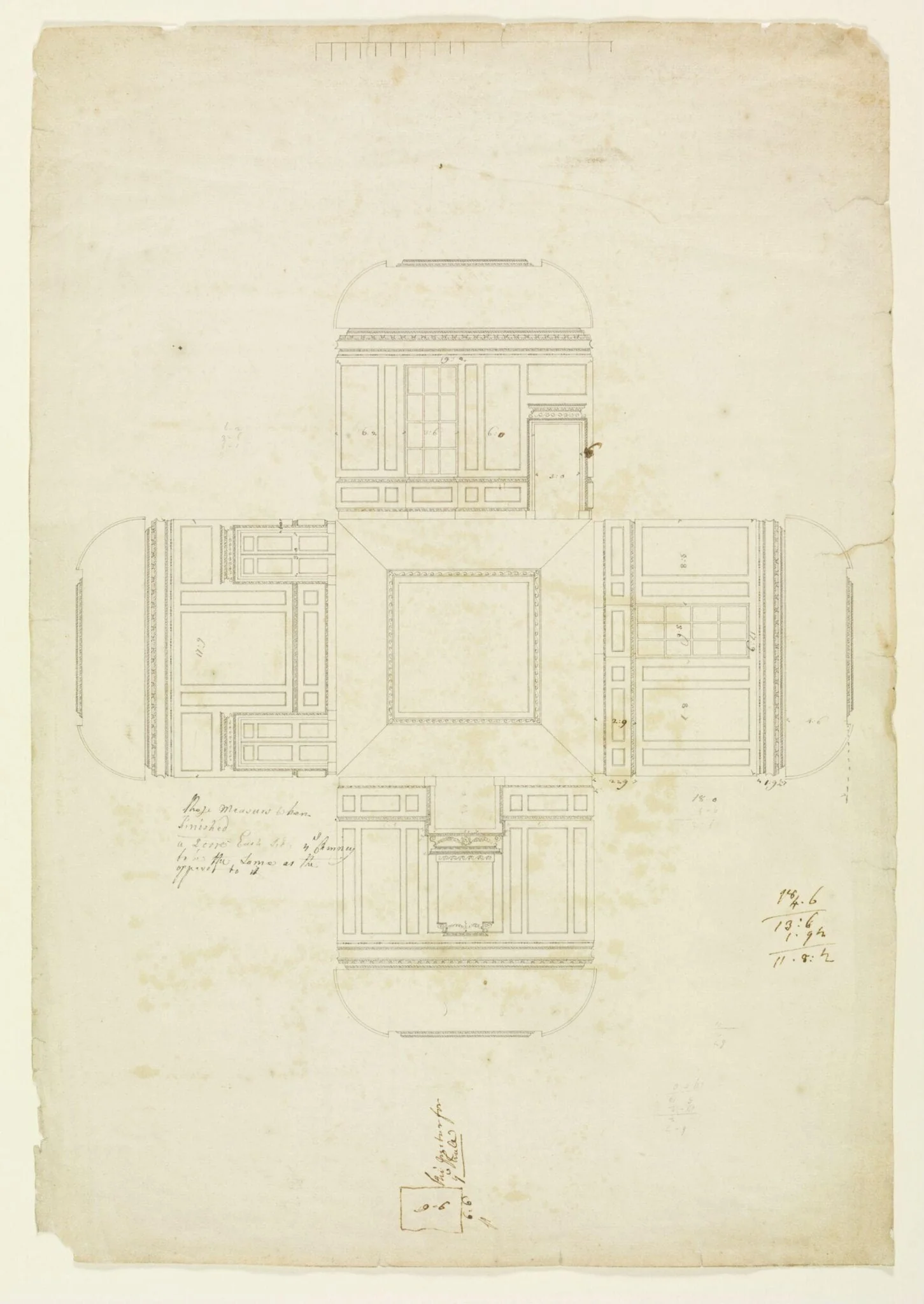 Elevations of the interior walls and a plan of the ceiling of the Parlour