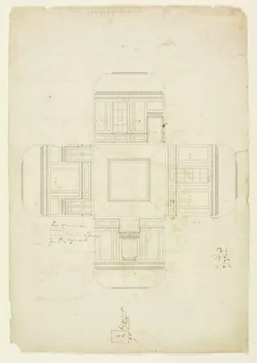 Elevations of the interior walls and a plan of the ceiling of the Parlour