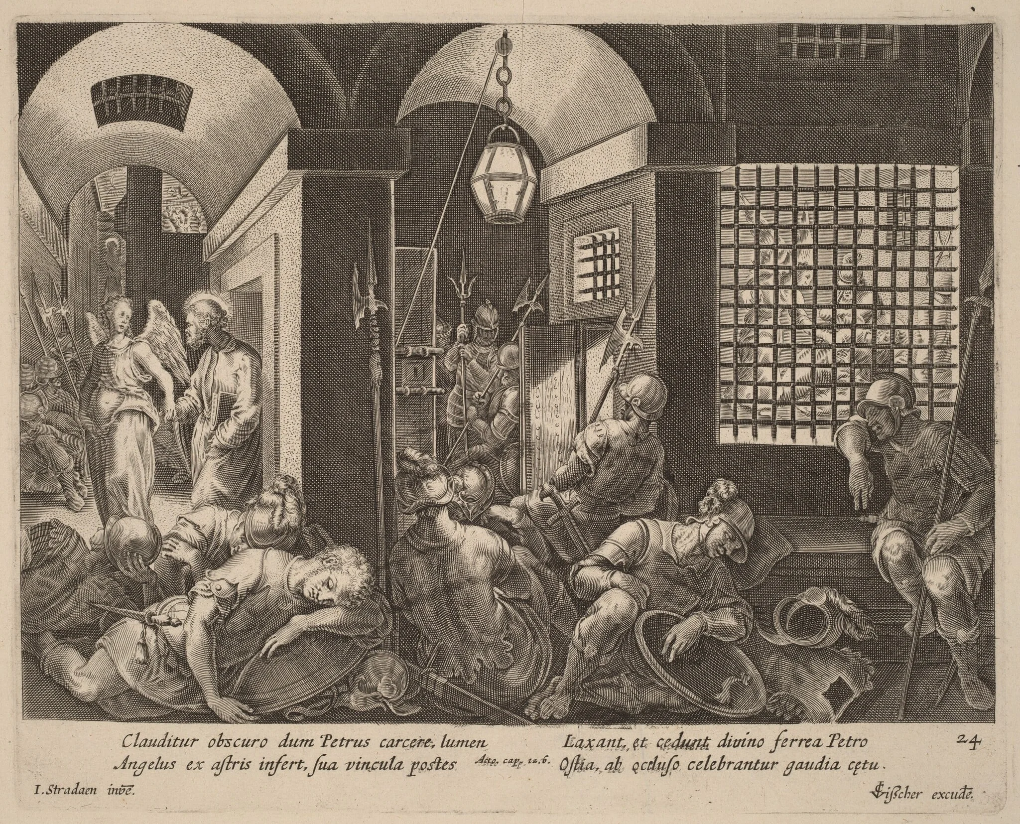 Saint Peter Delivered from Prison by an Angel, by Philip Galle, ink, 1574