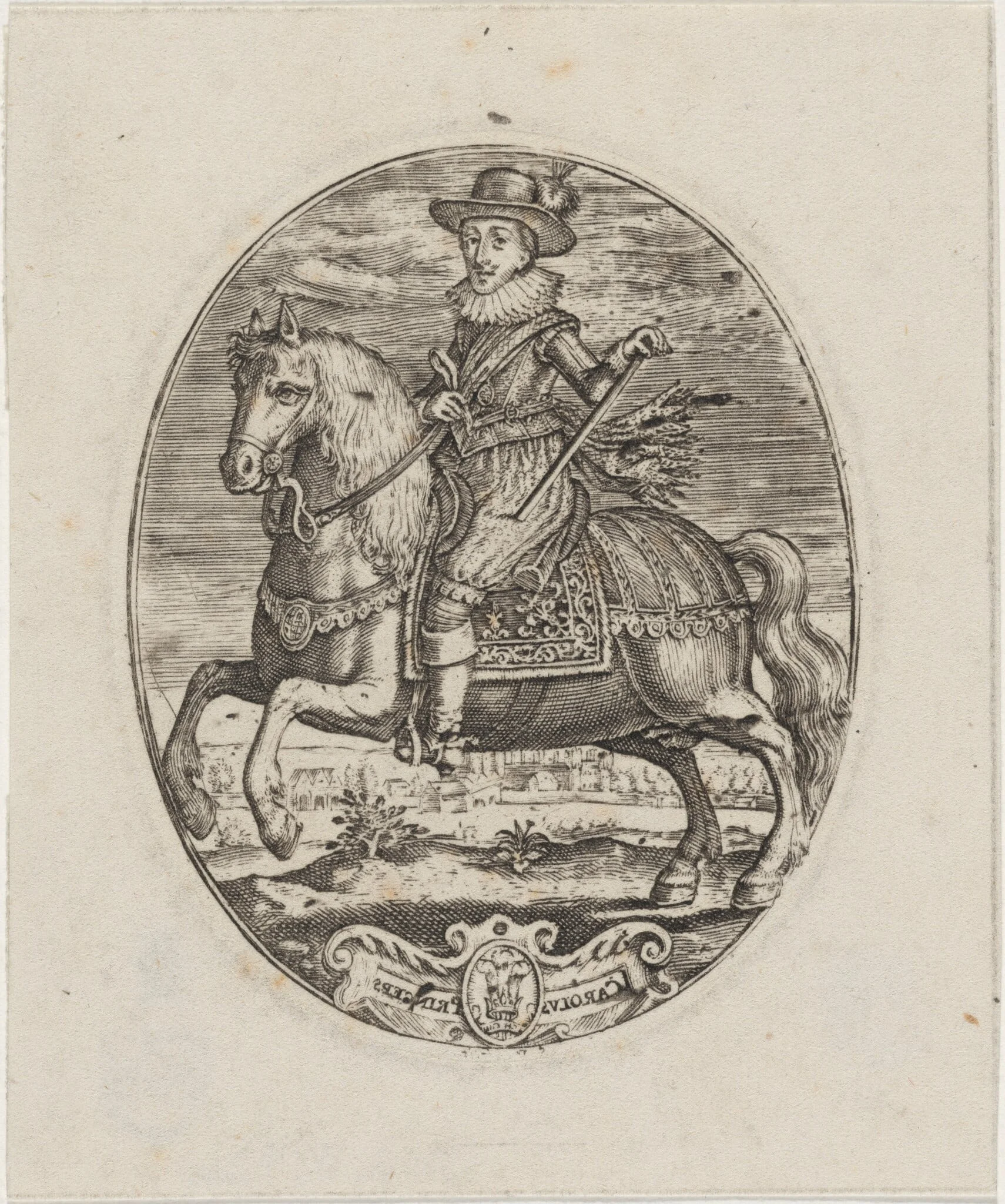 Charles I, King of England, On Horseback, by Simon van de Passe, ink, 1621