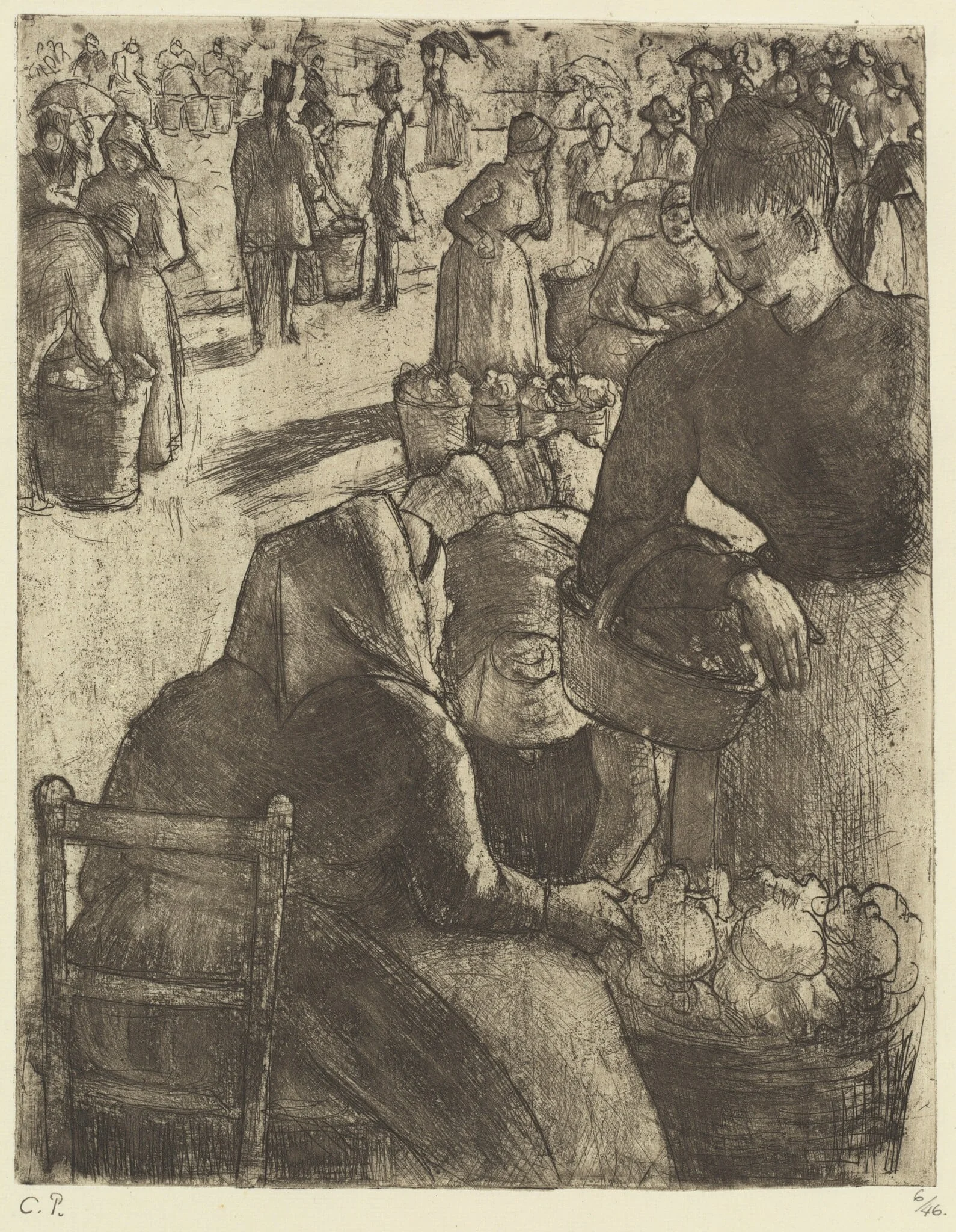 Vegetable Market at Pontoise (Marché aux légumes á Pontoise), by Camille Pissarro, ink, 1891