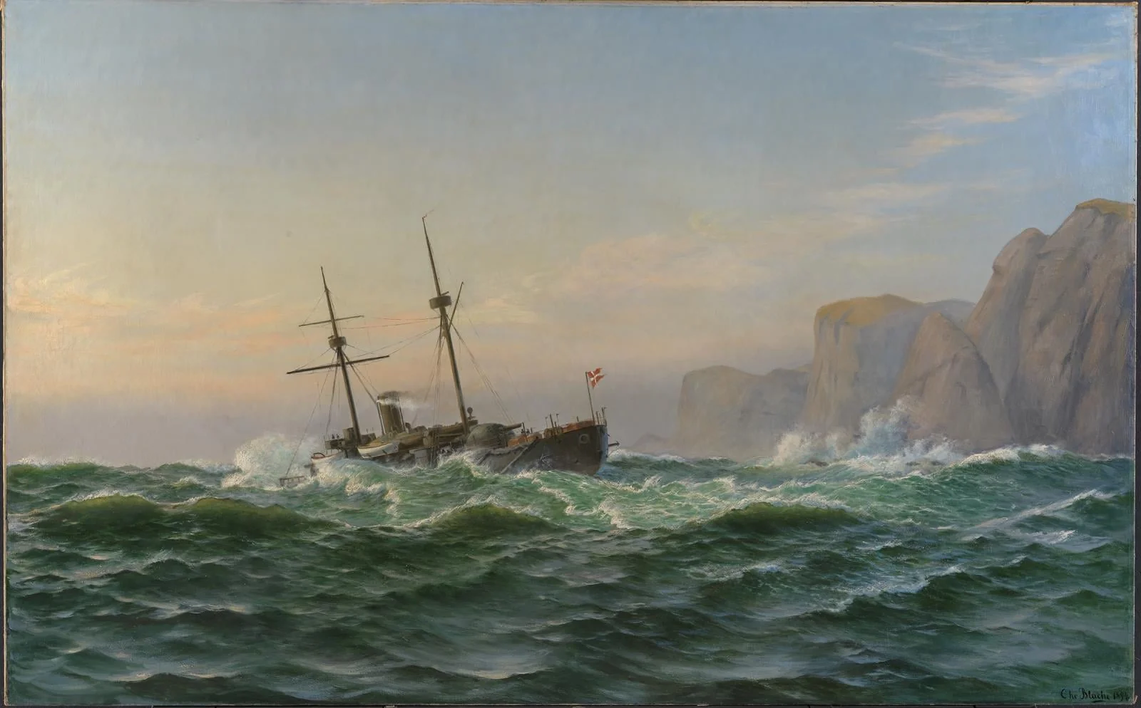 Panserskibet "Iver Hvitfeldt" passerer Forbjerget Stat på vejen til Trondhjem i sommeren 1893, by Unknown, 1894