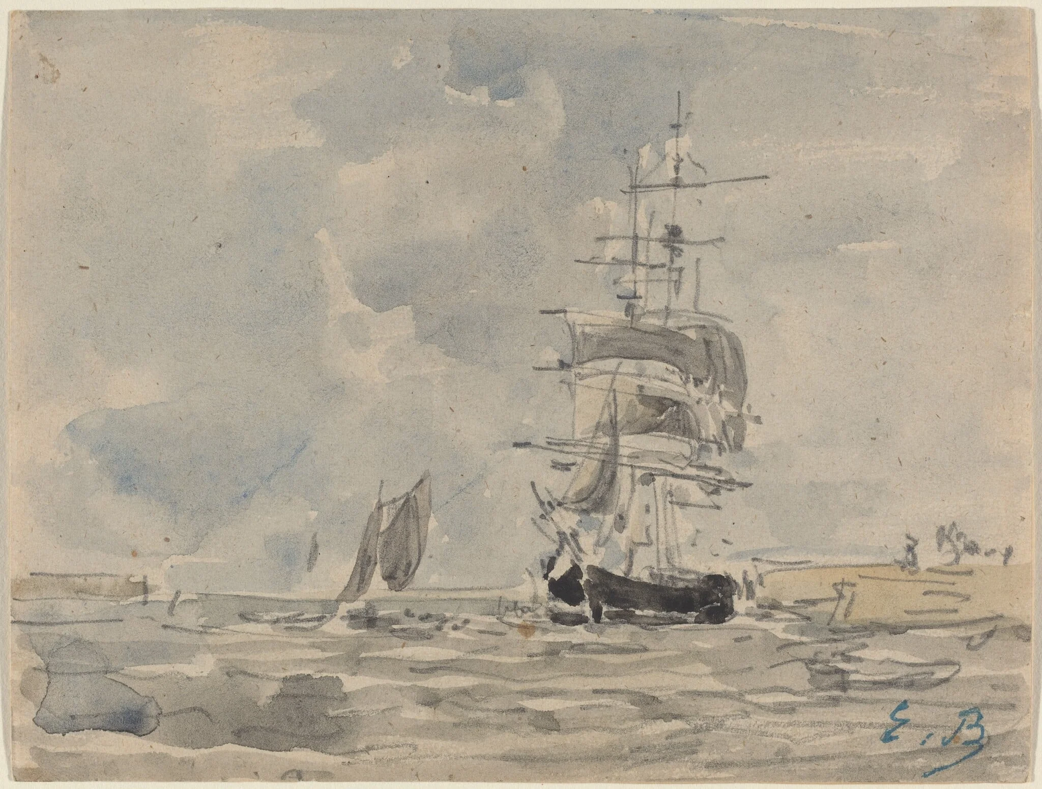 Seascape with Sailing Vessel, by Eugène Boudin, graphite, 1875