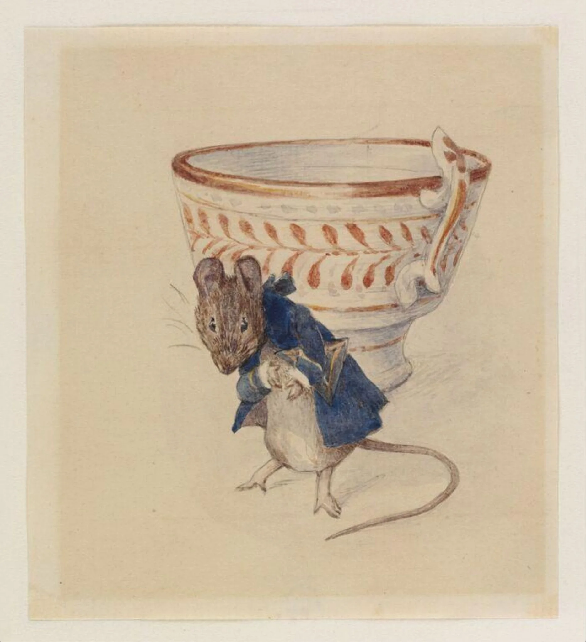Gentleman mouse bowing beside a teacup, by Beatrix Potter, watercolor, 1903