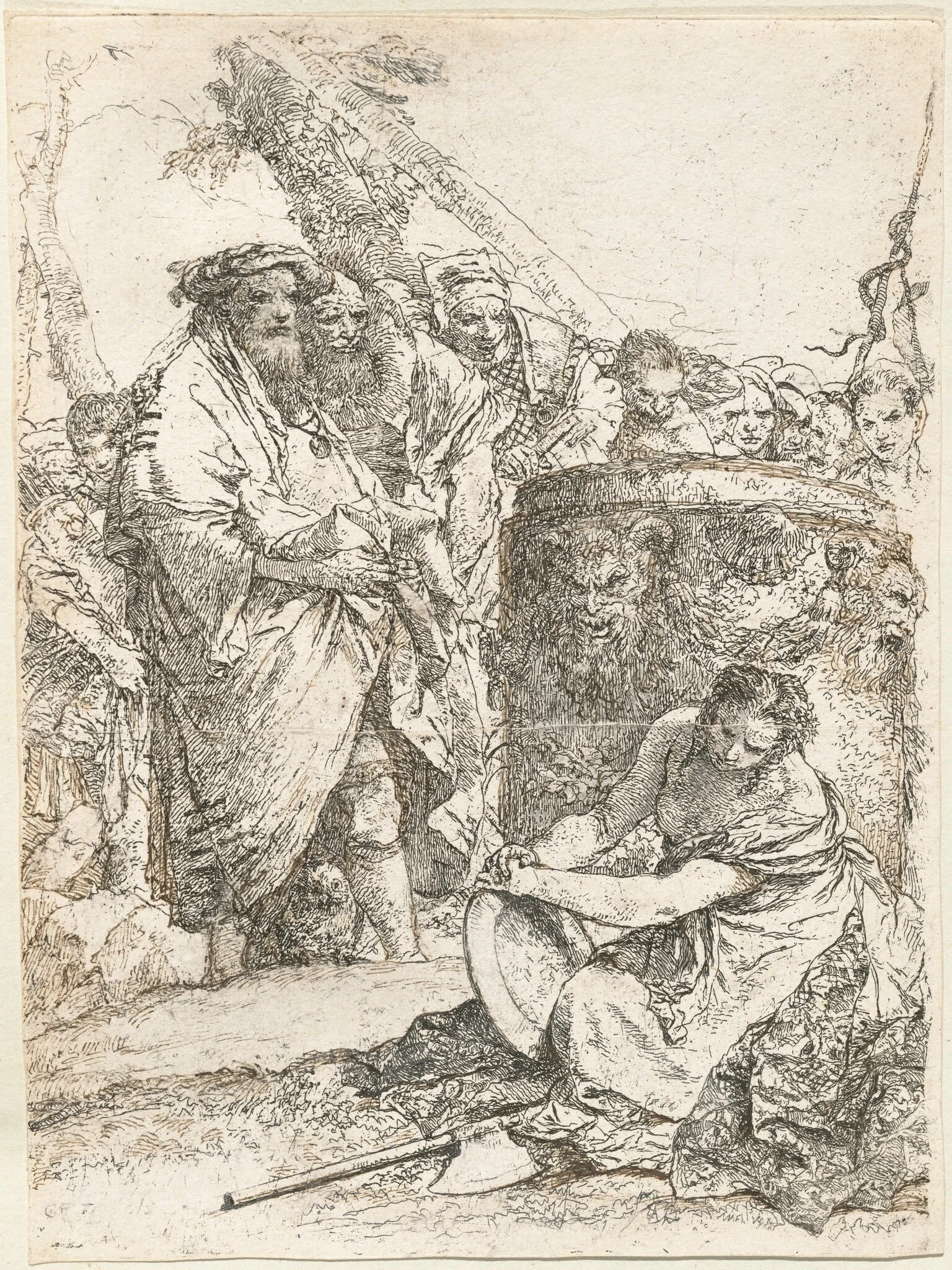 Magician and Other Figures before a Burning Altar with Skull and Bones, by Giovanni Battista Tiepolo, ink, 1733