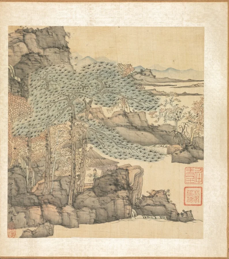 Paintings after Ancient Masters: Scholar Reading in a Thatched Hut by a Waterfall, by Chen Hongshou, unspecified, 1625