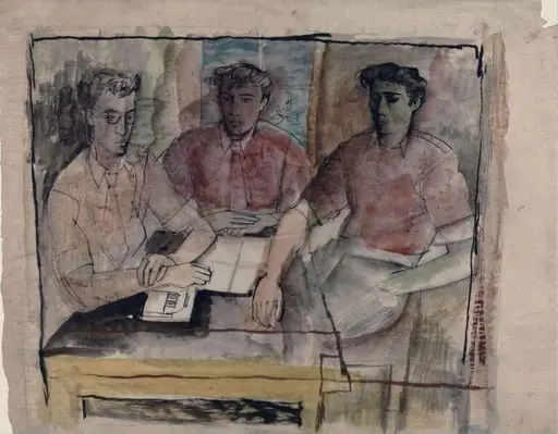 Three men seated at a table