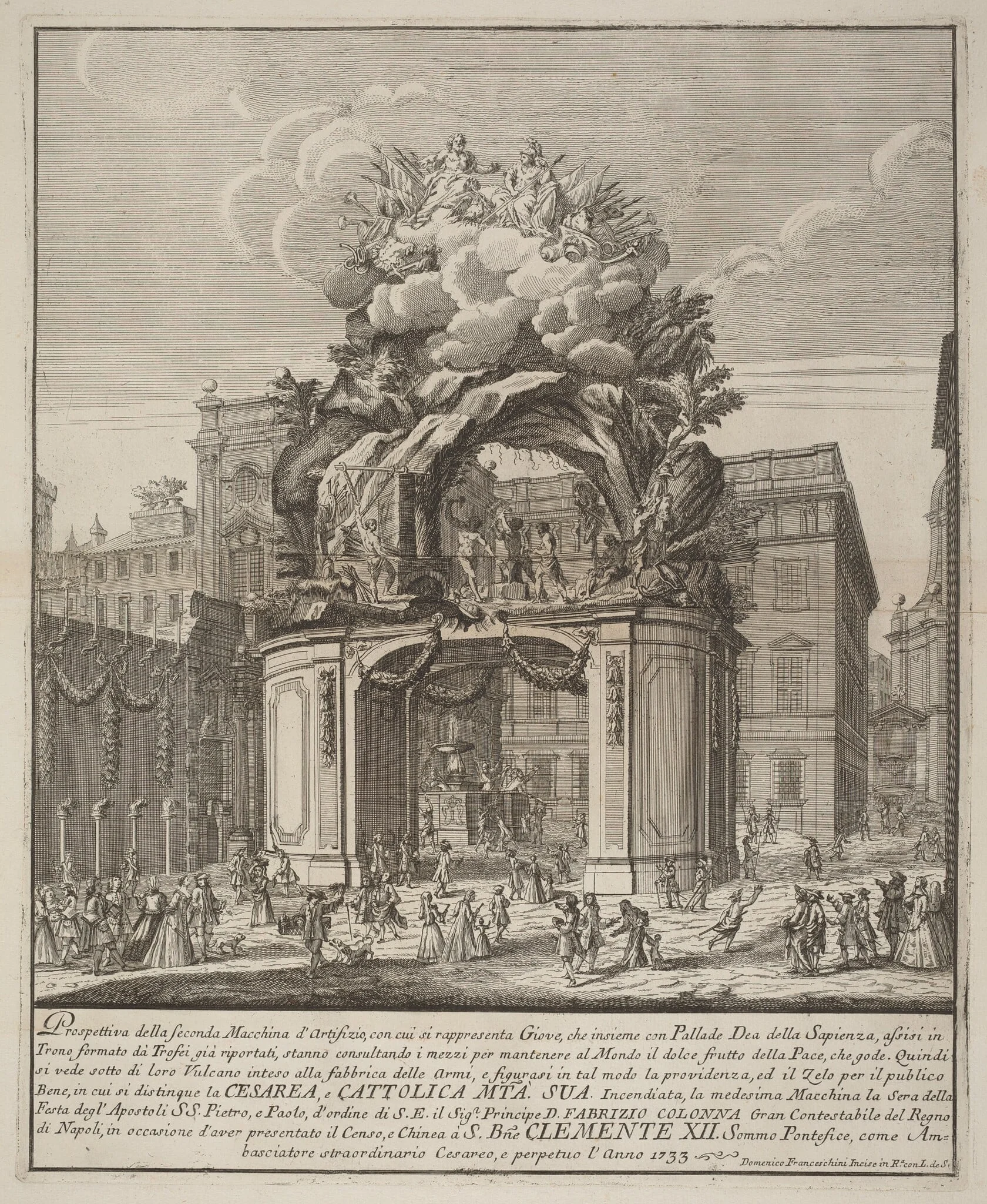 The Seconda Macchina for the Chinea of 1733: Jupiter and Minerva and the Forge of Vulcan, by Domenico Franceschini, ink, 1733