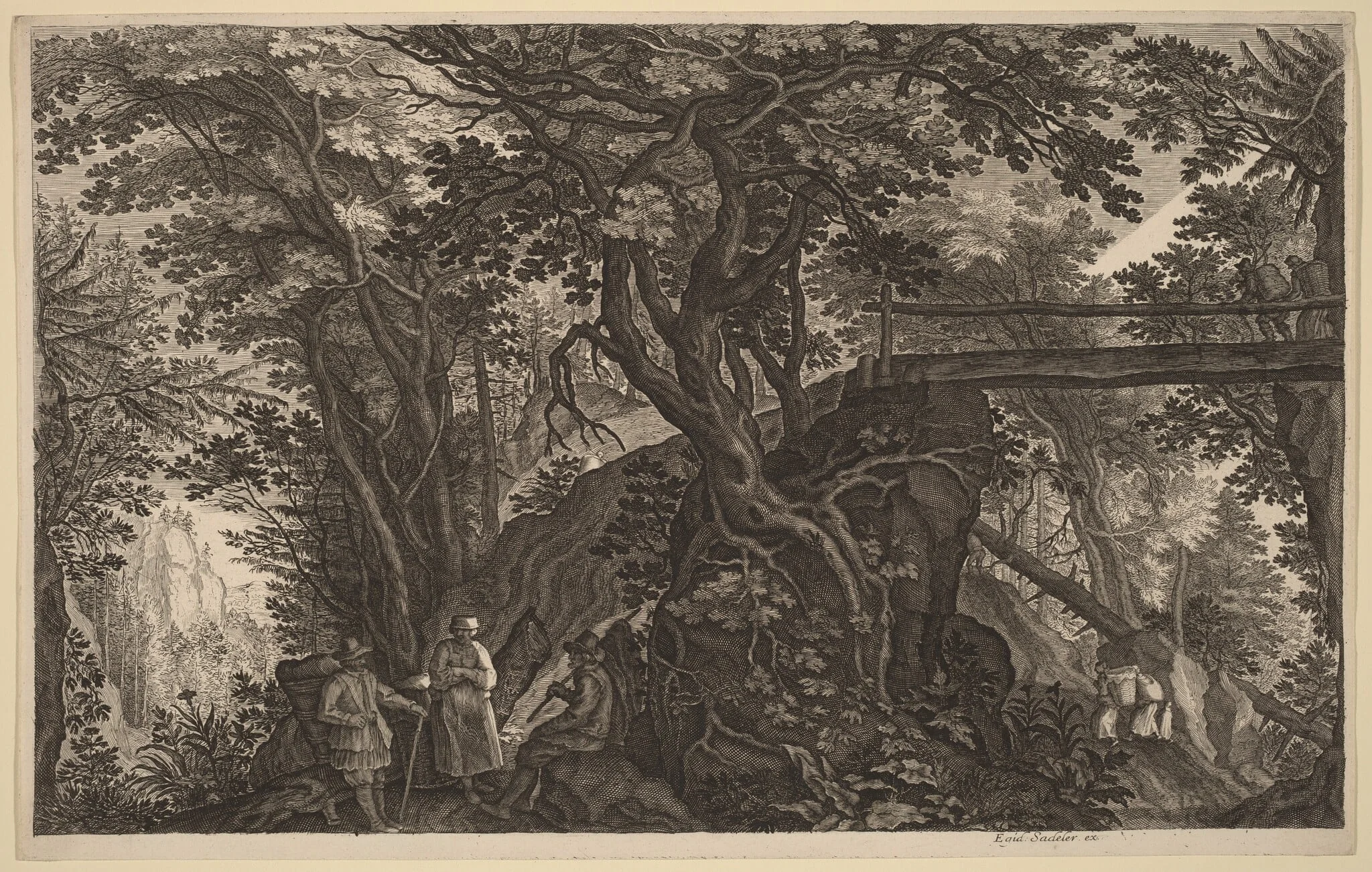 Forest Landscape with Two Men and a Woman Resting near a Bridge, by Aegidius Sadeler II, ink, 1600