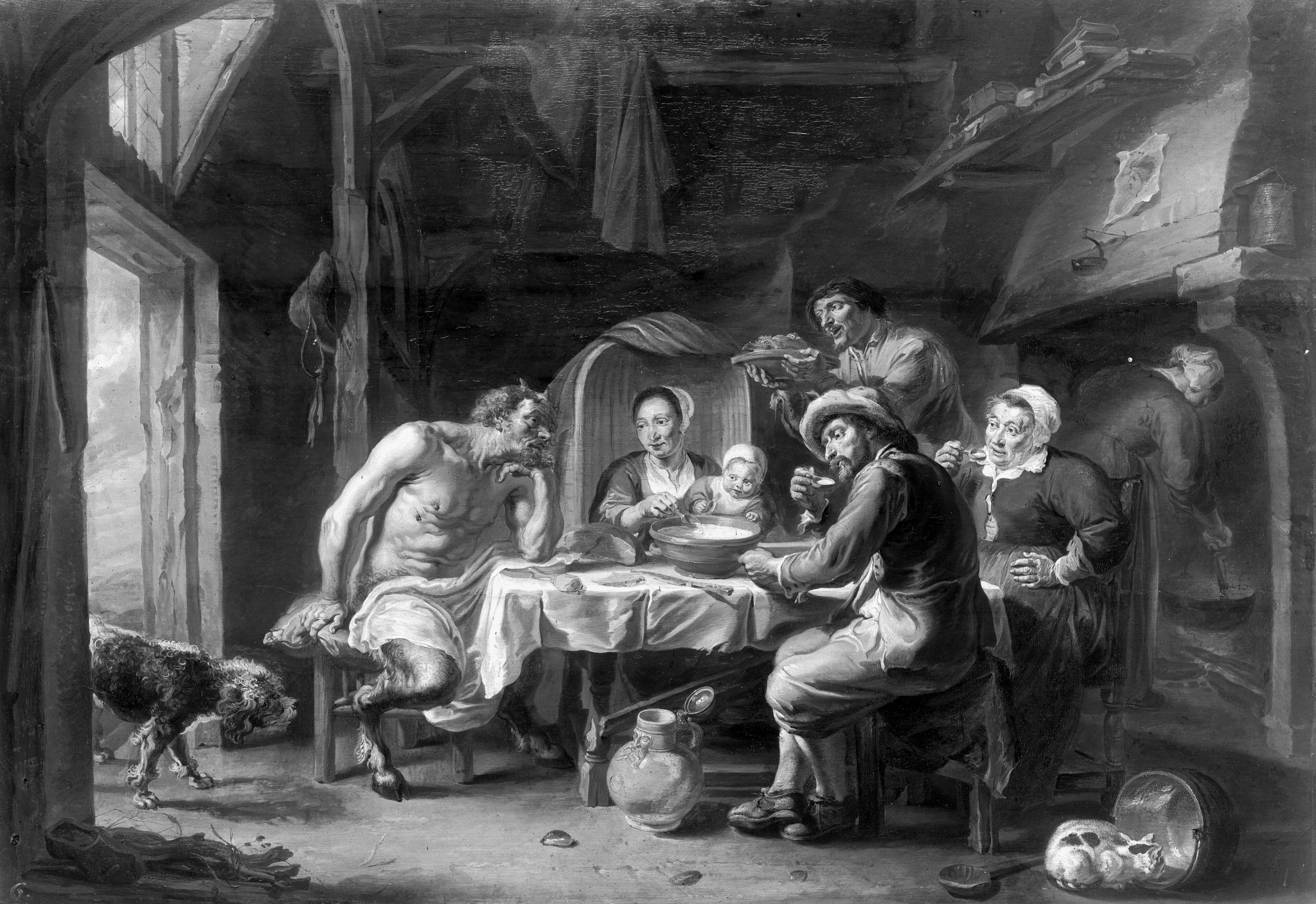 The satyr with the peasant family, by Willem van Herp, paint, 1700