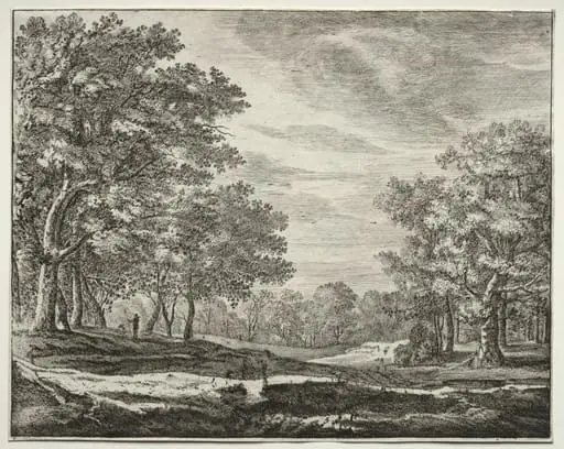 Six views in the Wood of the Hague: Plate 5, A Man with a Staff in His Hand