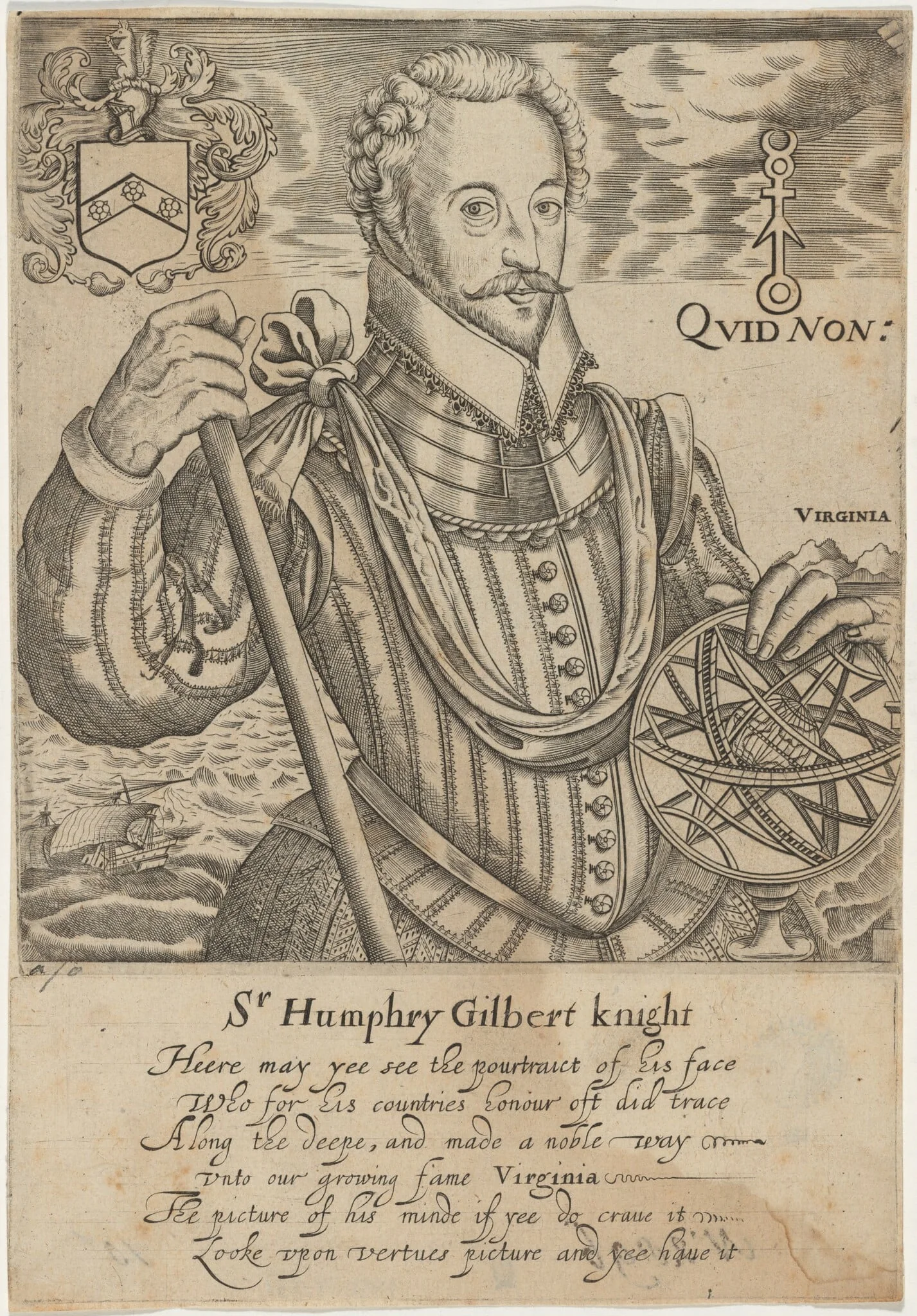 Sir Humphrey Gilbert, by Robert Boissard, ink, 1610