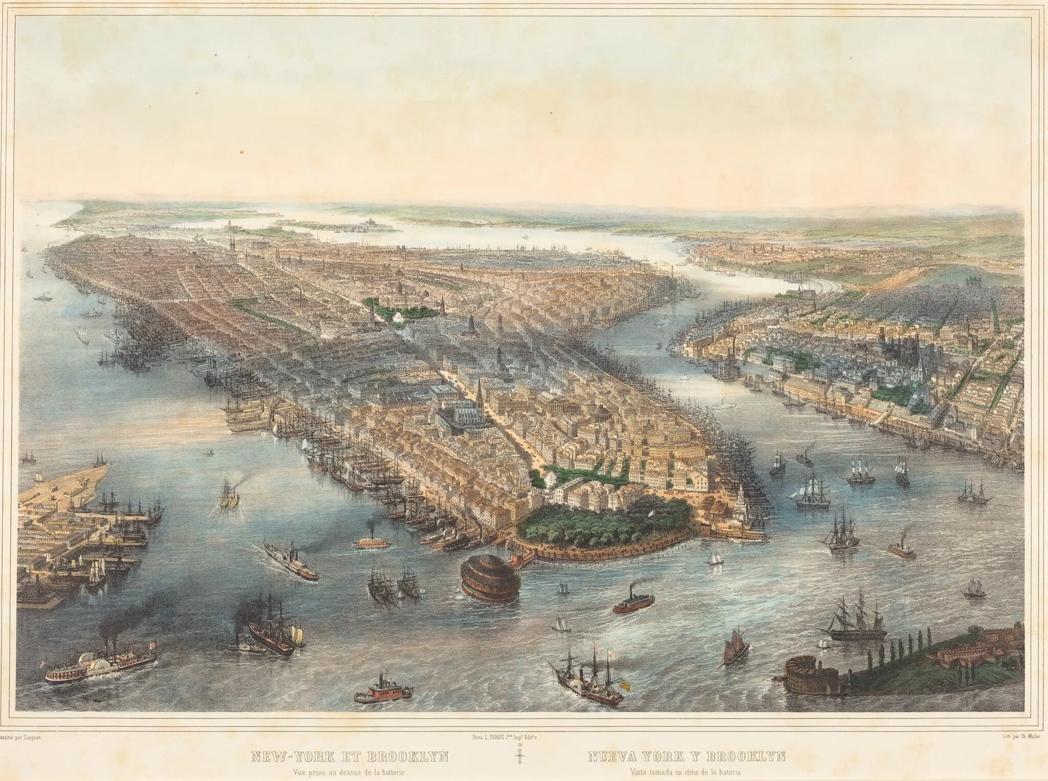 New York et Brooklyn - Vue prise au dessus dela batterie, by Theodore Muller, ink, 1849