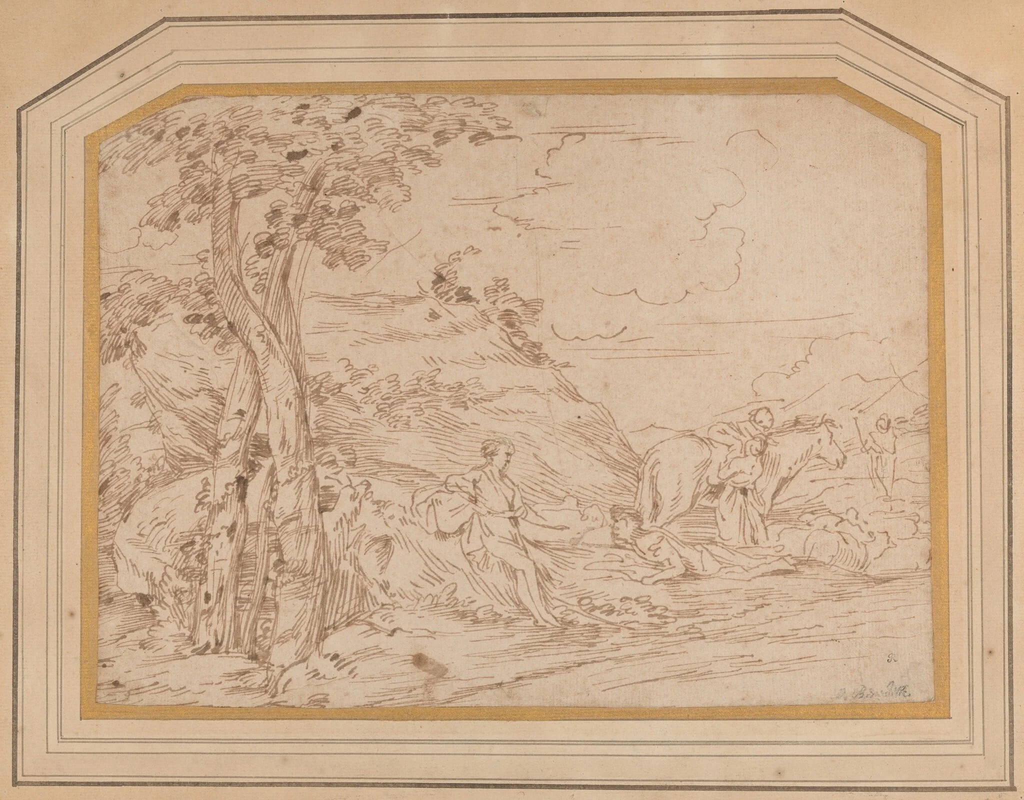 A Wooded Landscape with a Shepherd and His Family, by Andrea De Leone, watercolor, 1638